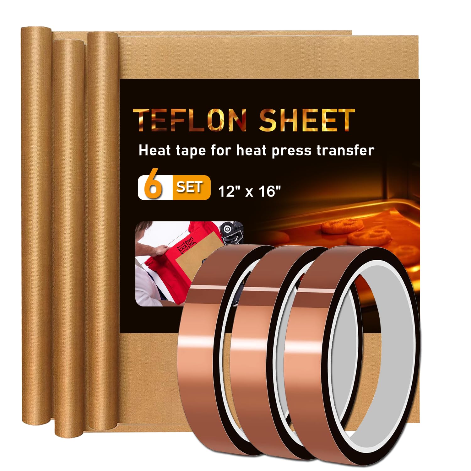 YTFGGY 3 Pack Teflon Sheets for Heat Press 16x12 and 3 Rolls Heat Transfer Tape 10mm Non Stick Transfer Sheet Heat Press Tape Set for Sublimation PTFE Teflon Sheet Heat Resistant