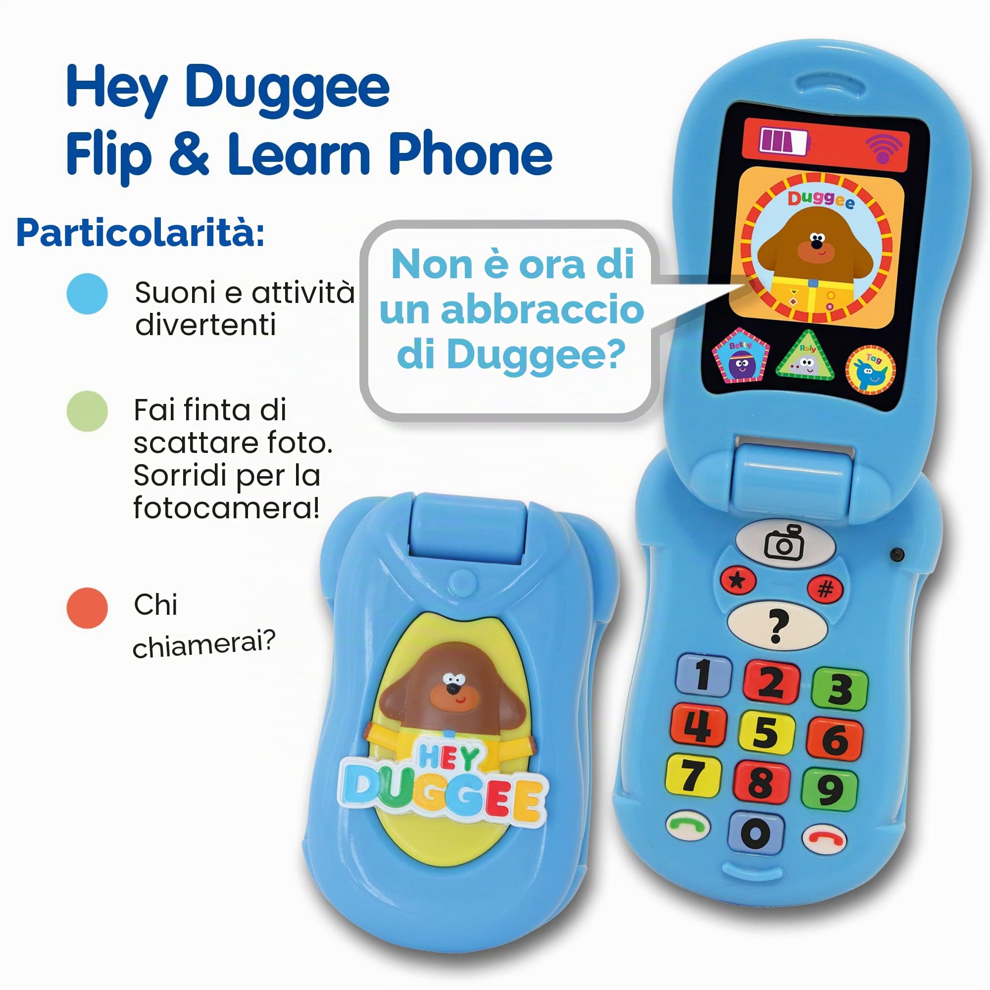 Hey Duggee Giocattoli, Flip & Learn, telefono giocattolo per bambini, aiuta lo sviluppo del bambino, l'apprendimento, la risoluzione dei problemi, la comunicazione, la coordinazione occhio-mano e le