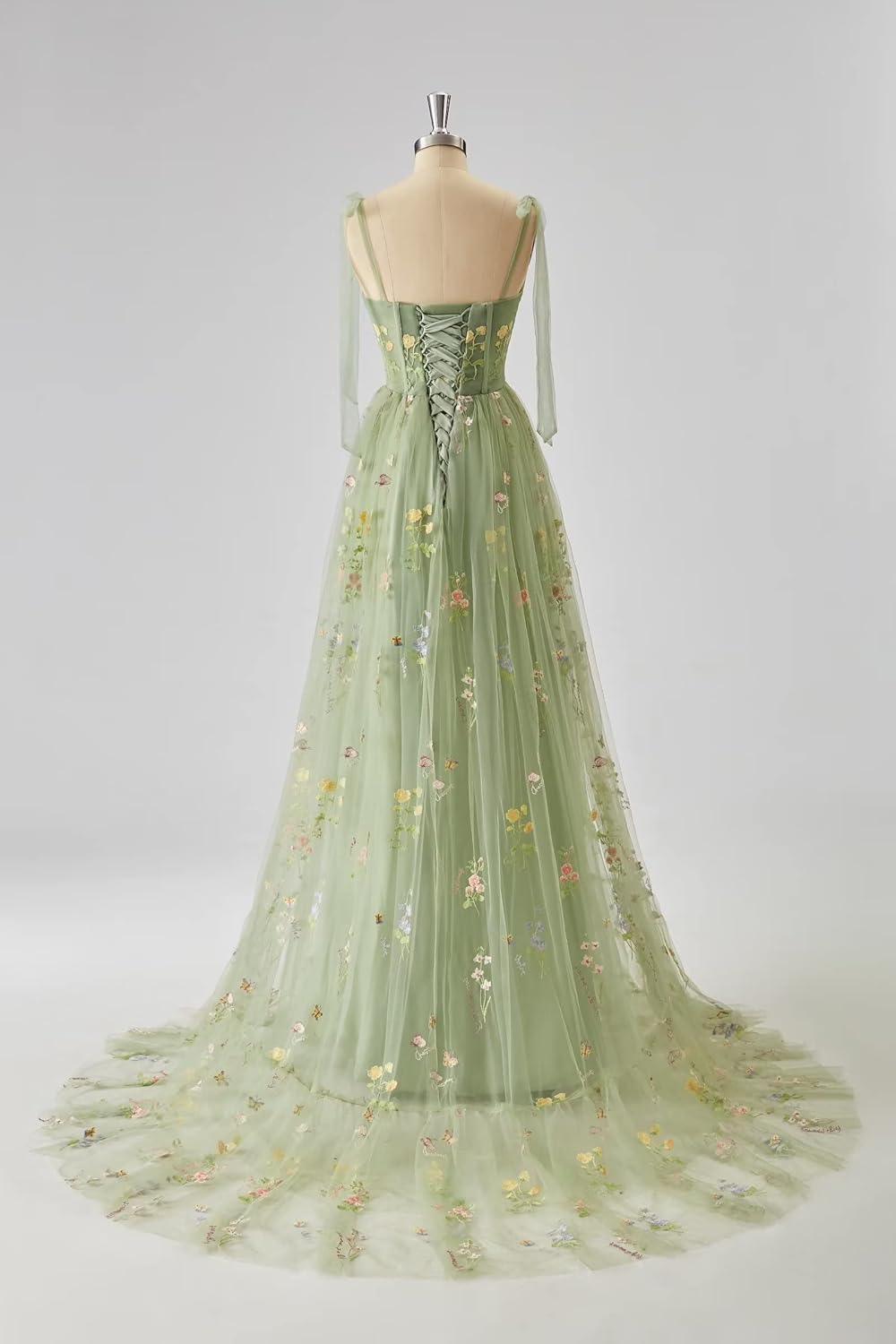 Flower Embroidery Tulle Prom Dresses Corset Long Spaghetti Strap Fairy Formal Evening Party Gown for Women