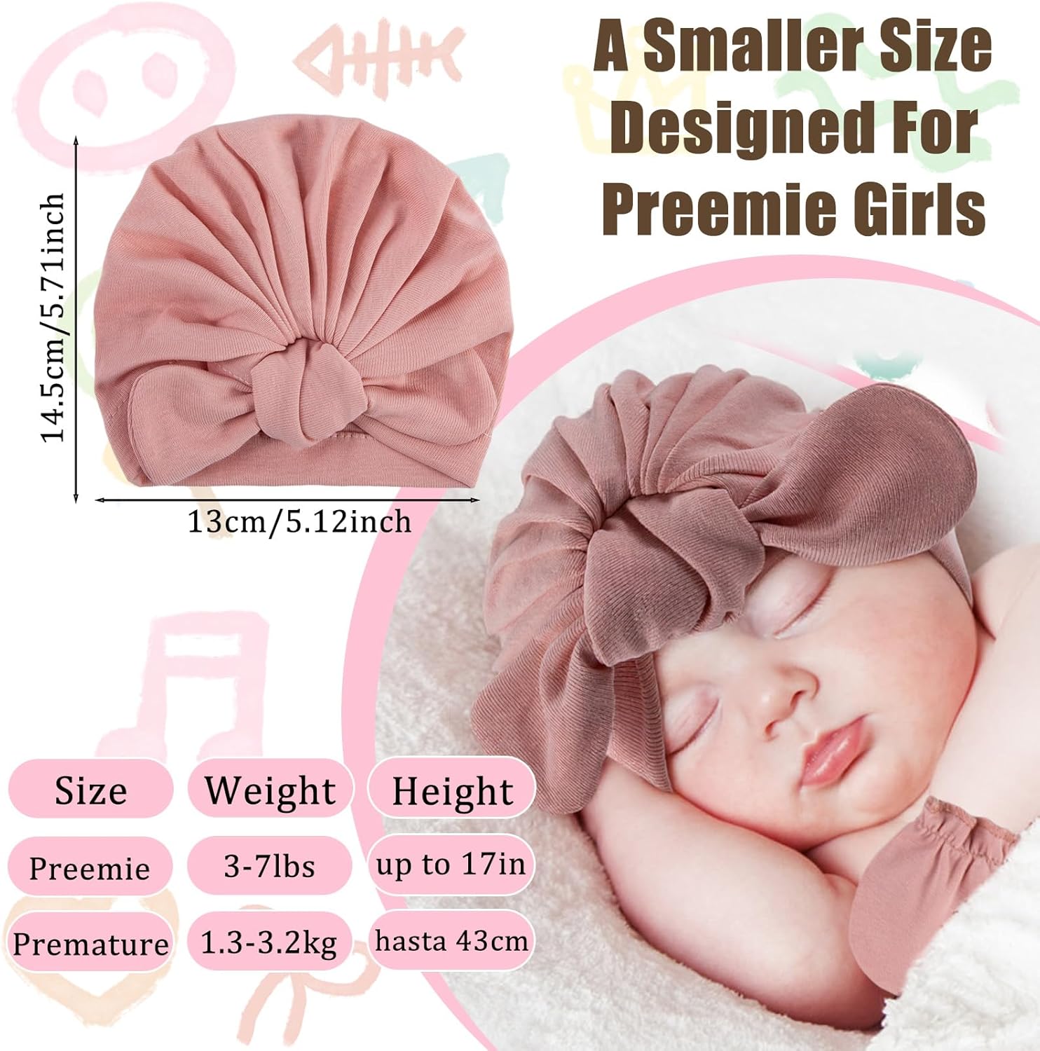 8 Pcs Preemie Hats with Mittens Set for Newborn Boys Girls (3-7 lbs),Soft Cotton NICU Hospital Knot Beanie Caps for Tiny Premature Baby (Rabbit Style) - Image 2