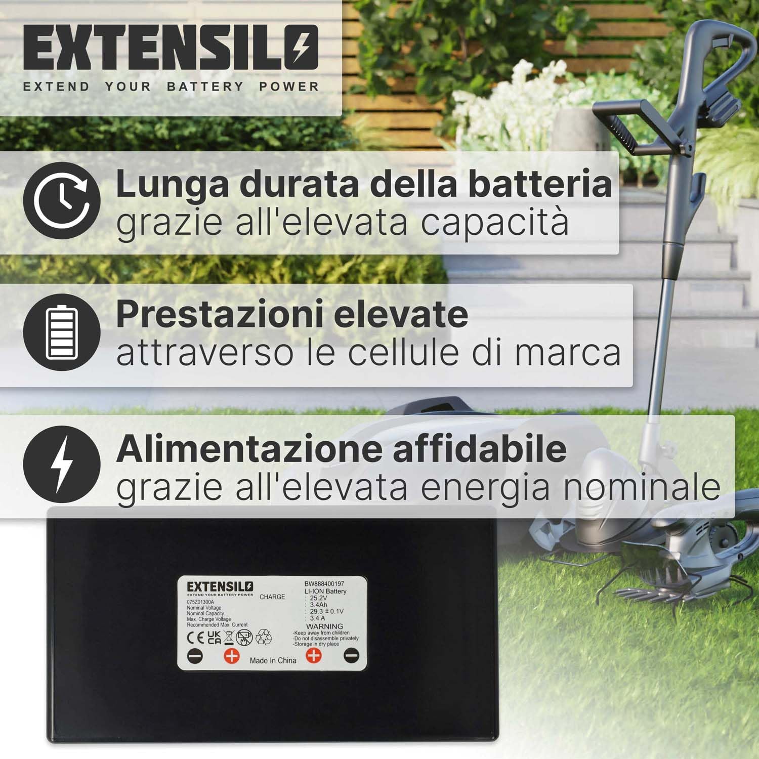 batteria compatibile con Wiper C Xe, Ciiky XE, Ciiky XH, C12, C20, C6, C8, Joy tagliaerba, robot tagliaerba (3400mAh, 25,2V, Li-Ion)