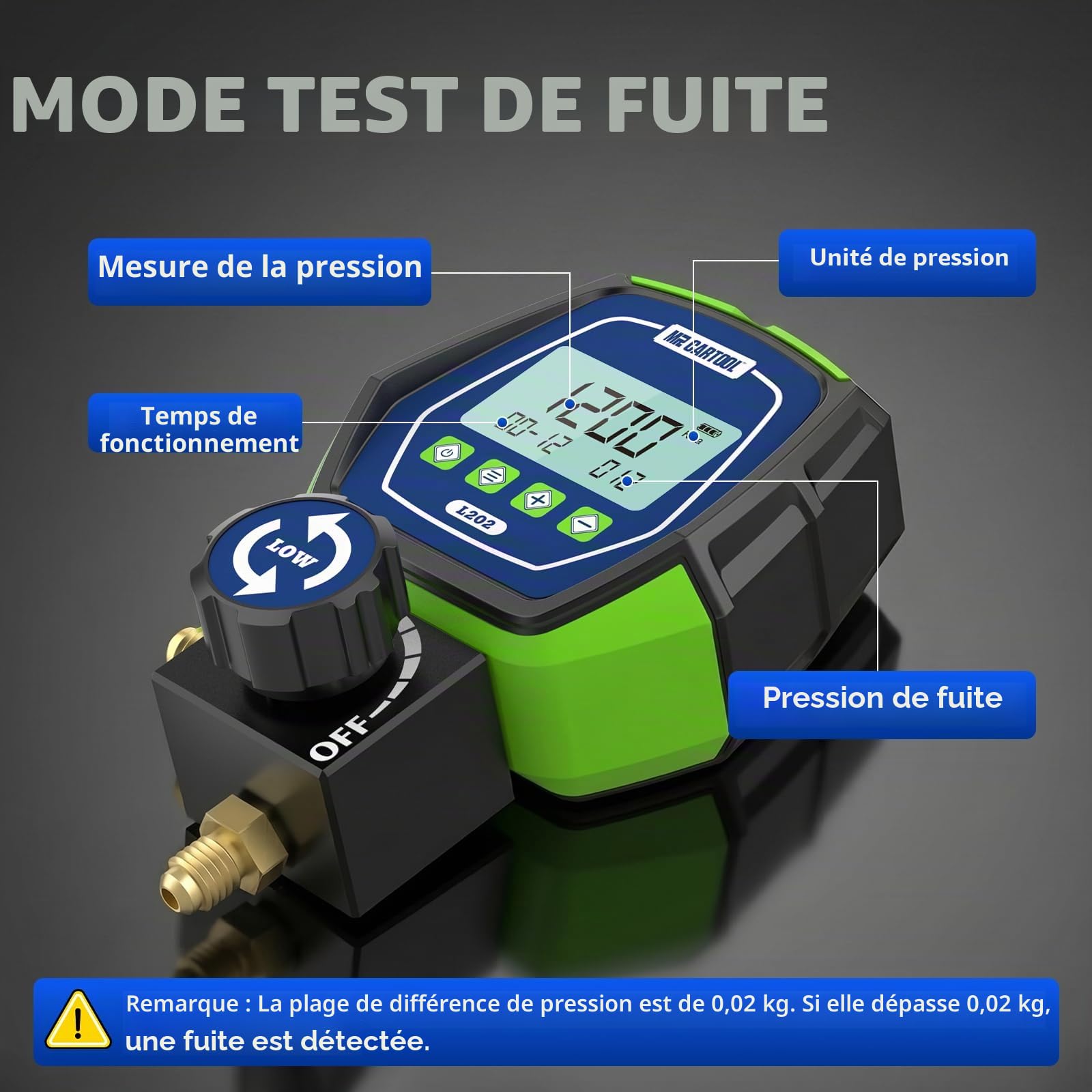 MR CARTOOL Manomètre Numérique Gaz Basse Pression HVAC Réfrigérant Collecteur Manomètres Numériques pour Systèmes de Réfrigération Climatiseurs R32 R410a