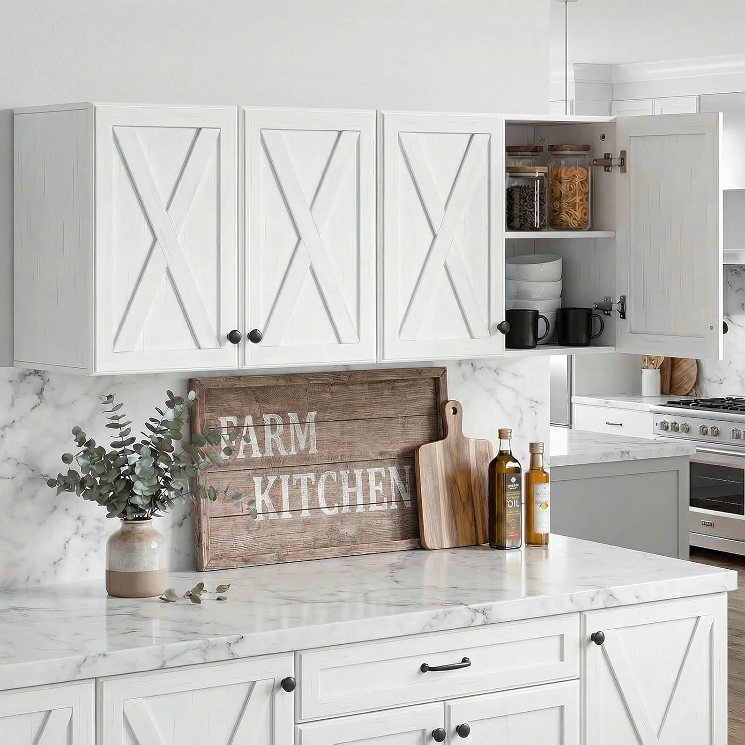 NEWOWNDS Farmhouse Kitchen Cabinets Wall Mounted,Laundry Wall Cabinets,Wall Cabinet Storage with Adjustable Shelves for Laundry, Bathroom,Garage,Kitchen