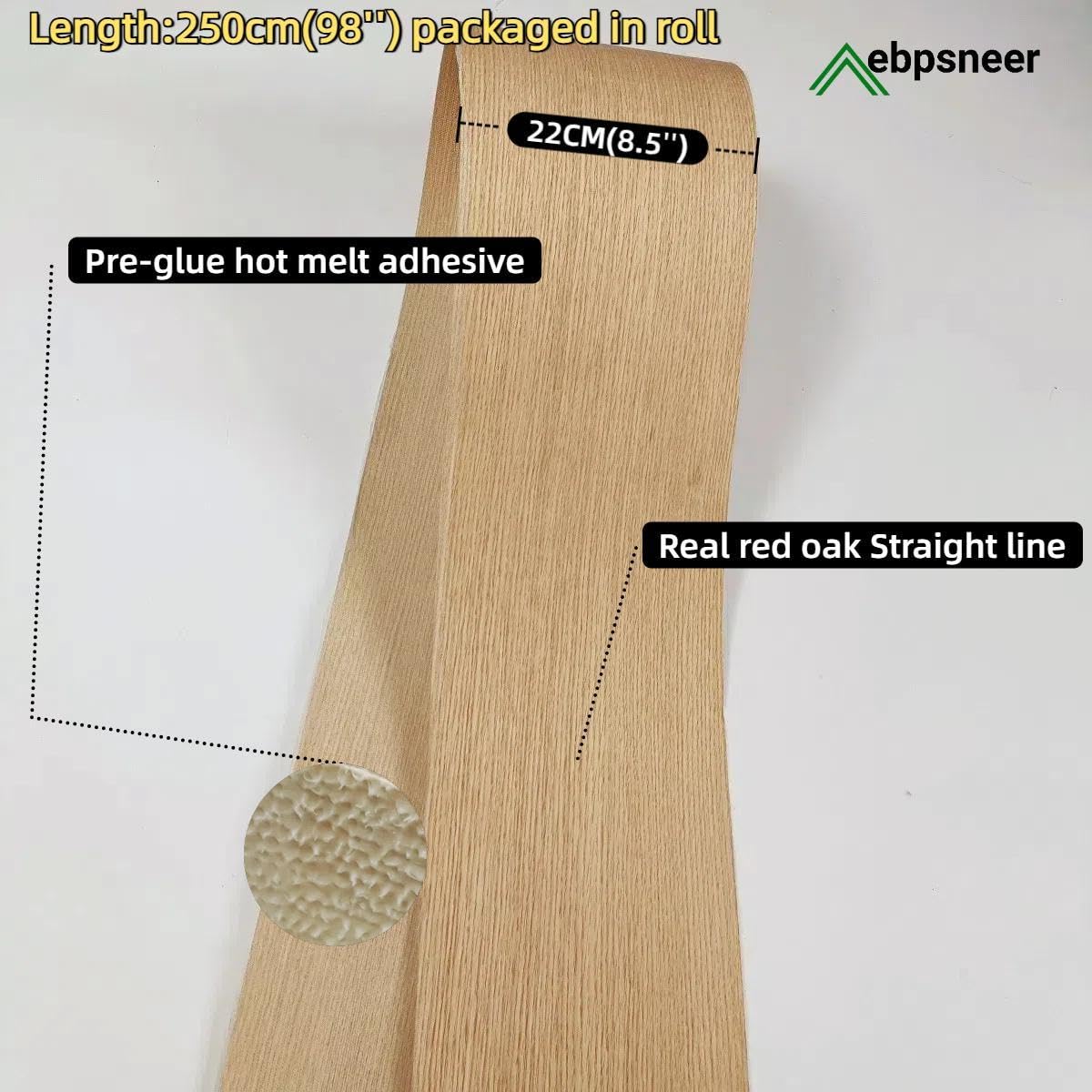 Red Oak Wood Veneer Sheet,Quarter Cut,8.5''x 98'',Iron On Stick Veneer Roll Without Paper,Pre-glued Hot Melt Self Adhesive Tape for Cabinet Furniture Plywood Laminate Speaker Renovation