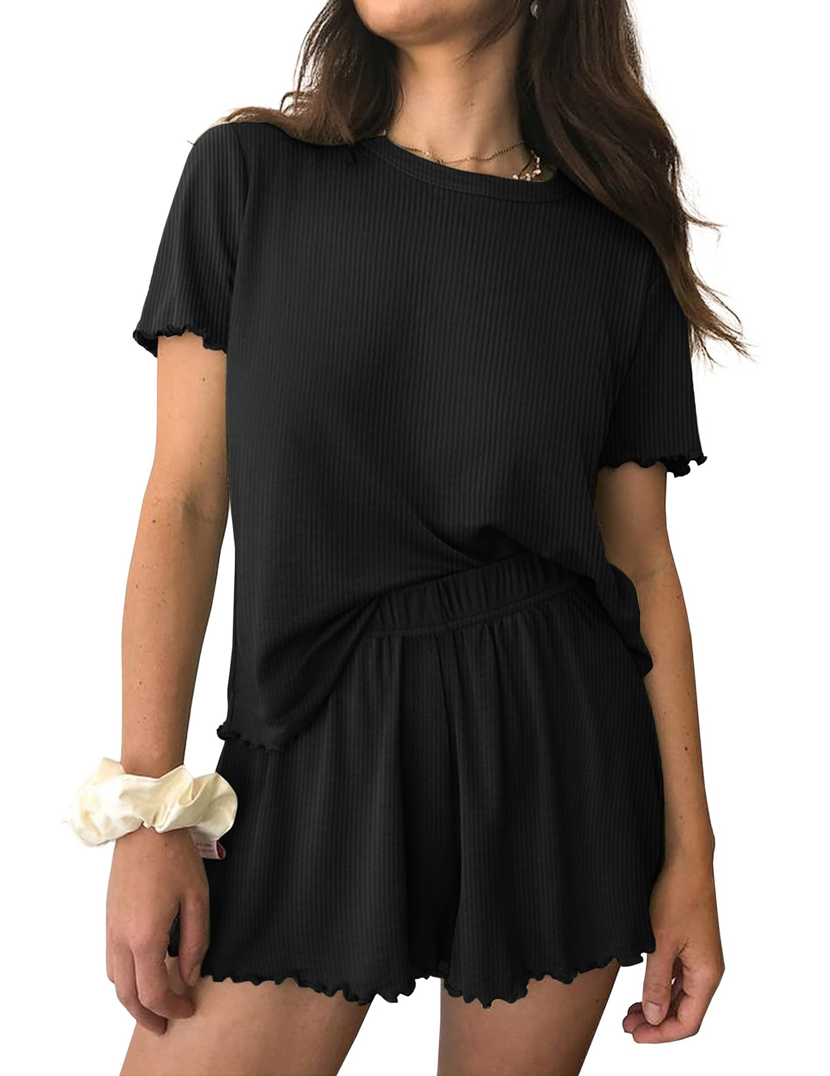 Ekouaer Damen Schlafanzug Gestrickt Pyjama Set Rundhals Kurz Nachtwäsche Mit Rüschen Zweiteiliger Weich S-XXL