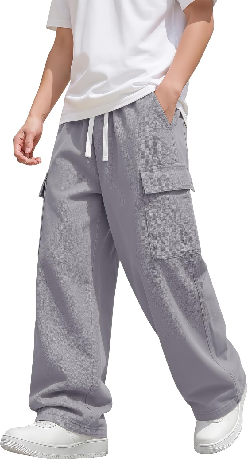 Boys Uniform Cargo Pants Kids 97% Cotton Straight Baggy Chino Pants Teen Boy Drawstring Casual Trouser with Pocket