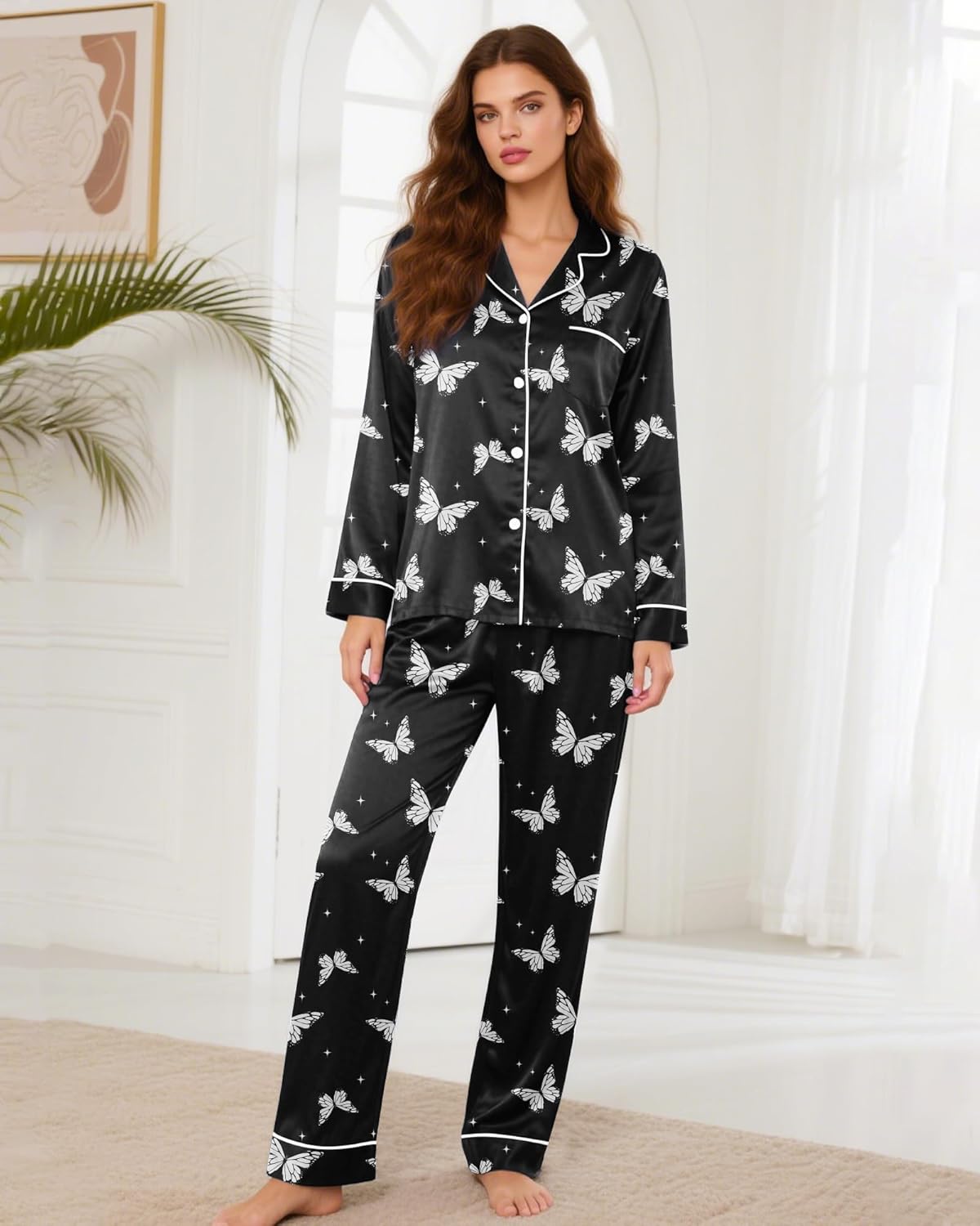Women's Pajama Sets Silky Satin Cute Pjs 2 Piece Loungewear Soft Long Sleeve Button up Ladies Sleepwear S-XL - Image 2