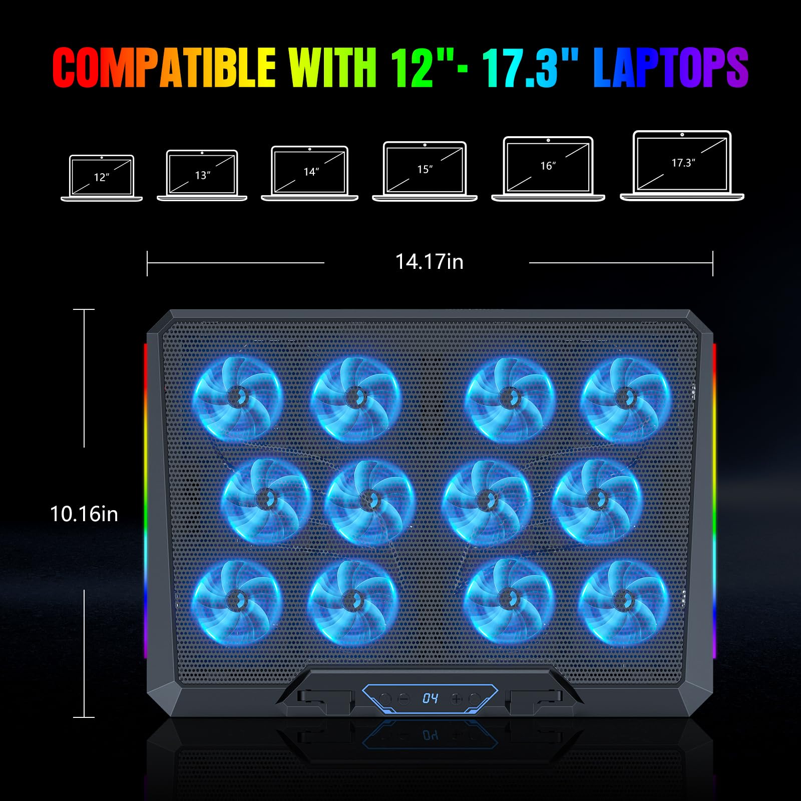 Almohadilla de refrigeración para laptop con 12 ventiladores silenciosos, portátil delgada para soporte enfriador de laptop de 12 a 17.3 pulgadas, iluminación RGB, con 5 alturas ajustables 6