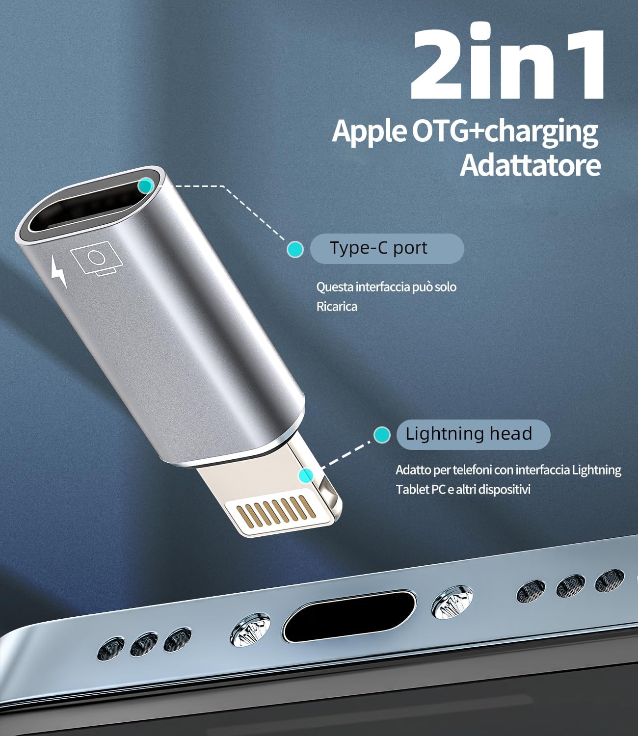 Adapter USB C Femmina a Lightning Maschio 2pack per iPhone 14 Pro Max iPad MFi Certified Carica Dati Aux Audio