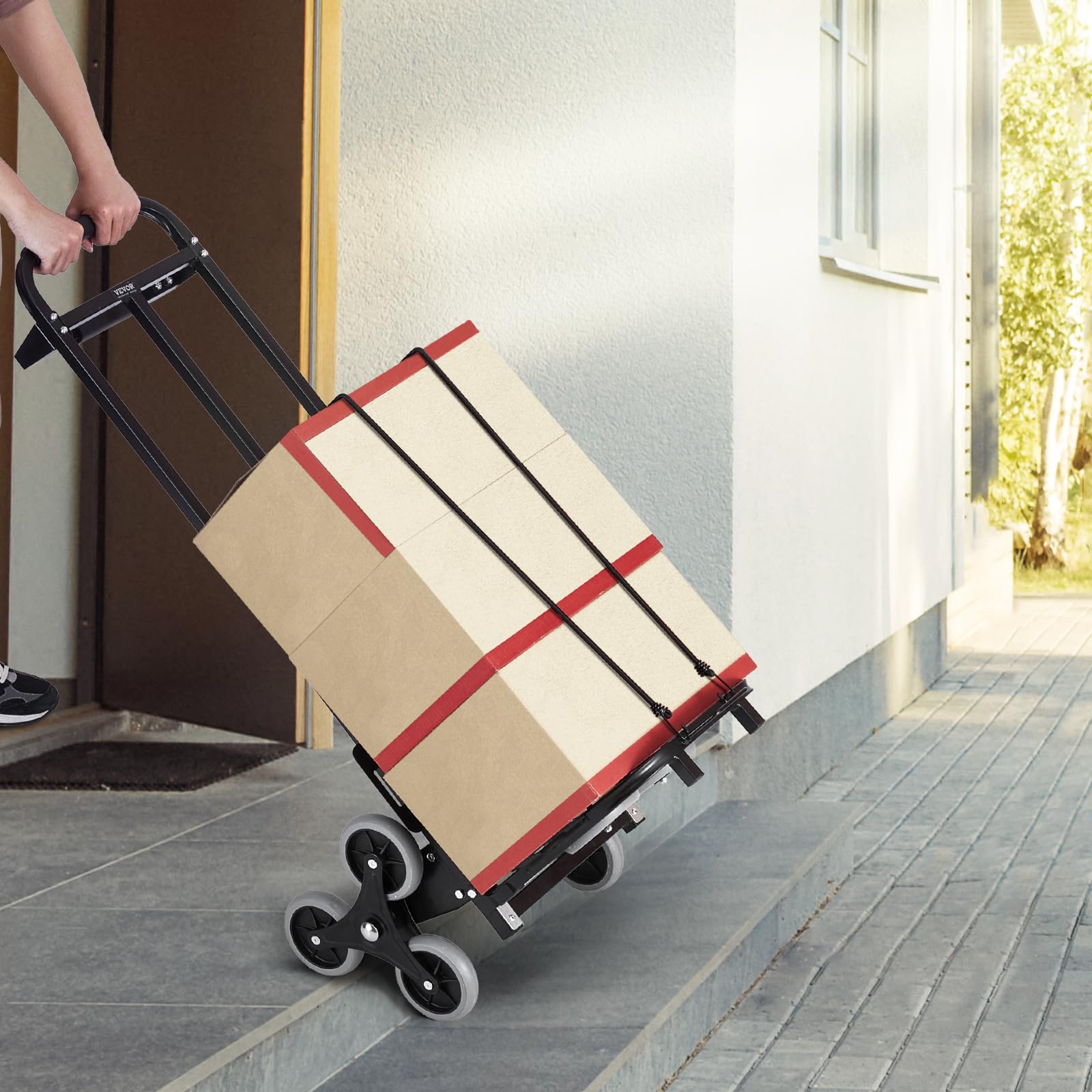 VEVOR Wózek schodowy 208 kg składany ręczny wózek schodowy z podwójnym uchwytem, 6 kół, 2 elastyczne liny, do transportu, magazynu, lotniska, centrum handlowego, przeprowadzki, biura, Czarny (Black),