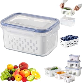 Household Transparent Plastic Food Storage Box-Including Drain Basket, Leak Proof & Freshness Fridge Organizers and Storage with Removable Colander Blue, 7.17 * 5.31 * 3.82in
