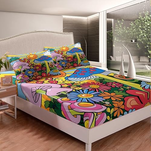 Vista 52 de Erosebridal Juego de sábanas de mariposa azul, tamaño matrimonial, sábanas de hongos y polilla de libélula, sábana encimera de fase lunar, sábana