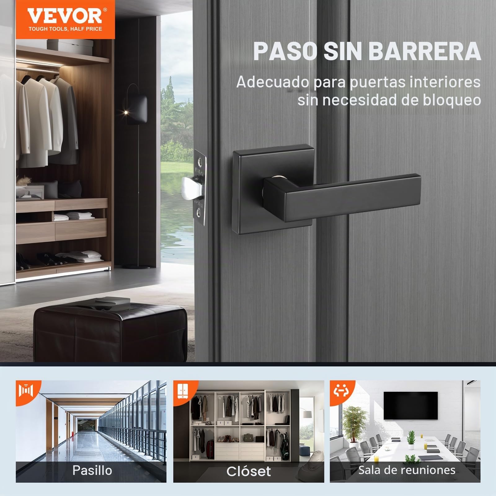 VEVOR 6 PCS Manija para Puerta de Paso, Manija Reversible para Zurdos o Diestros sin Bloqueo, Rotación de 45° para Abrir, Interior Cuadrado Universal para Pasillos, Espacios de Reunión, Negro Mate