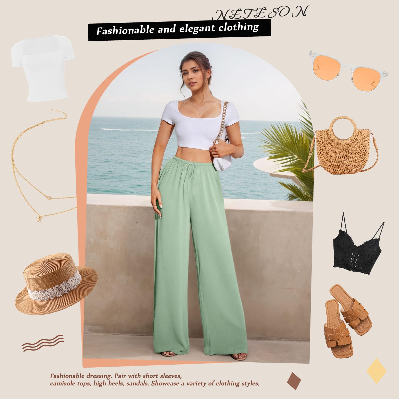 Pantalones Palazzo Mujer Lino Verano Elásticos Anchos con Bolsillos