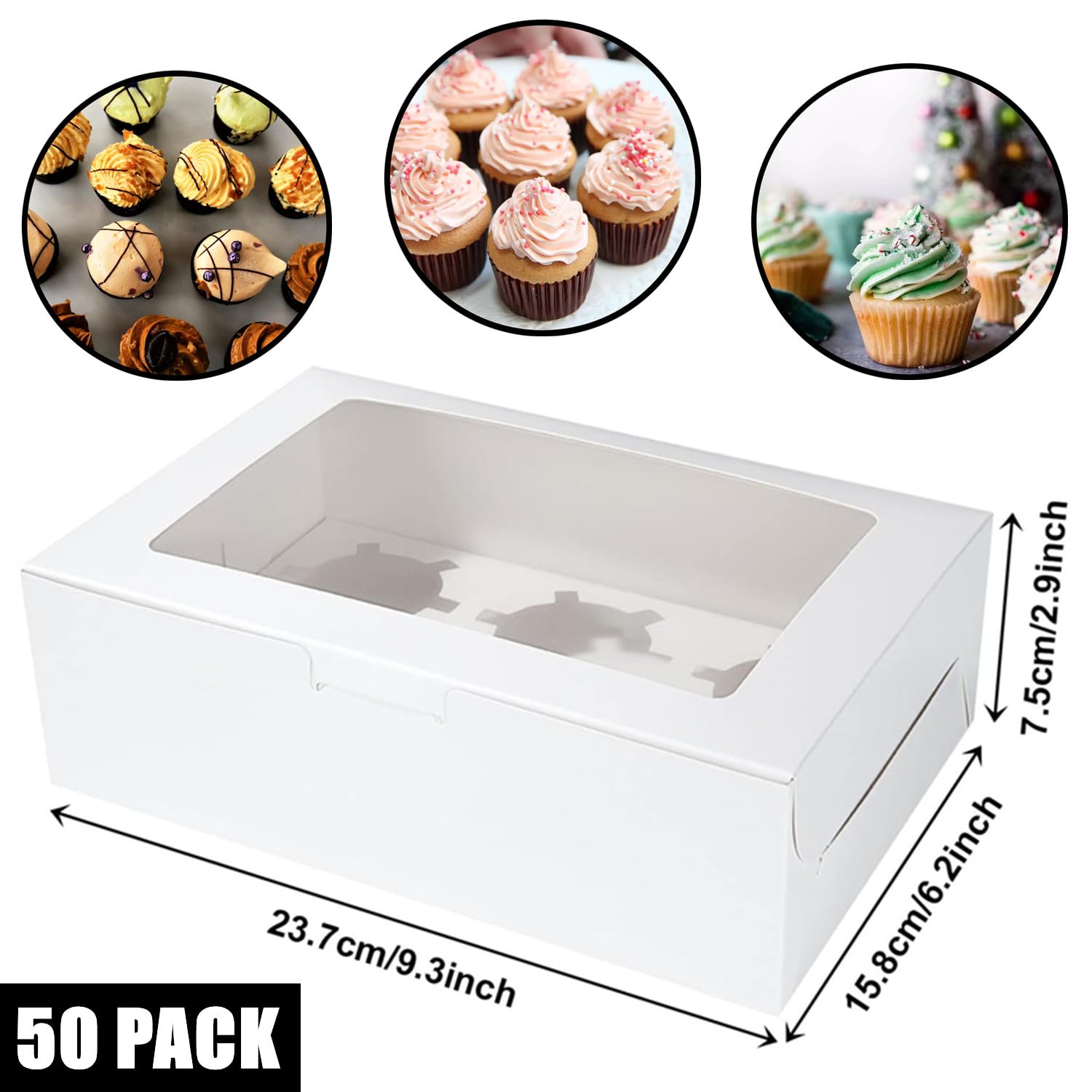 RHBLME Cupcake-Boxen, 6 Stück, mit transparentem Fenster, 23,6 x 15,7 x 7,4 cm, halbes Dutzend Cupcake-Boxen, Einweg, Lebensmittelqualität, Cupcake-Behälter für Cupcakes, Muffins, Kekse, Gebäck, Weiß,