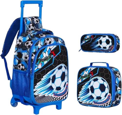 Kids Football Trolley School Bag Set with Lunch Bag and Pencil Case | 3-Piece Set, Retractable Handle, Rolling Wheels, Football Print, Boys School