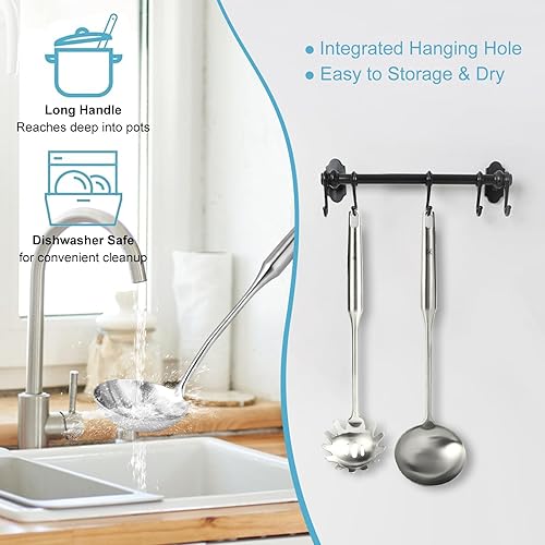Miniatura 3 de Juego de cucharón de sopa y cuchara de espaguetis de acero inoxidable, cuchara grande, colador de pasta, utensilios de cocina duraderos para