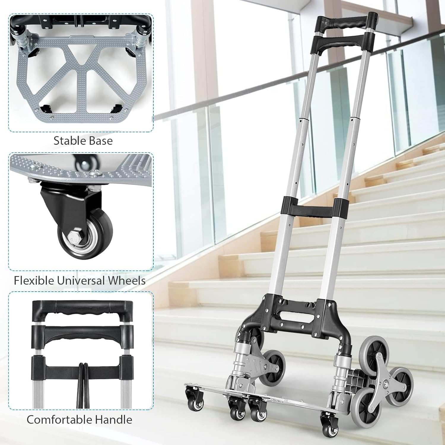 Chariot d'escalier – Diable robuste d'une capacité de 117,9 kg, chariot pliable avec poignée télescopique, 10 roues et 2 cordes élastiques pour la maison, le shopping et les déménagements