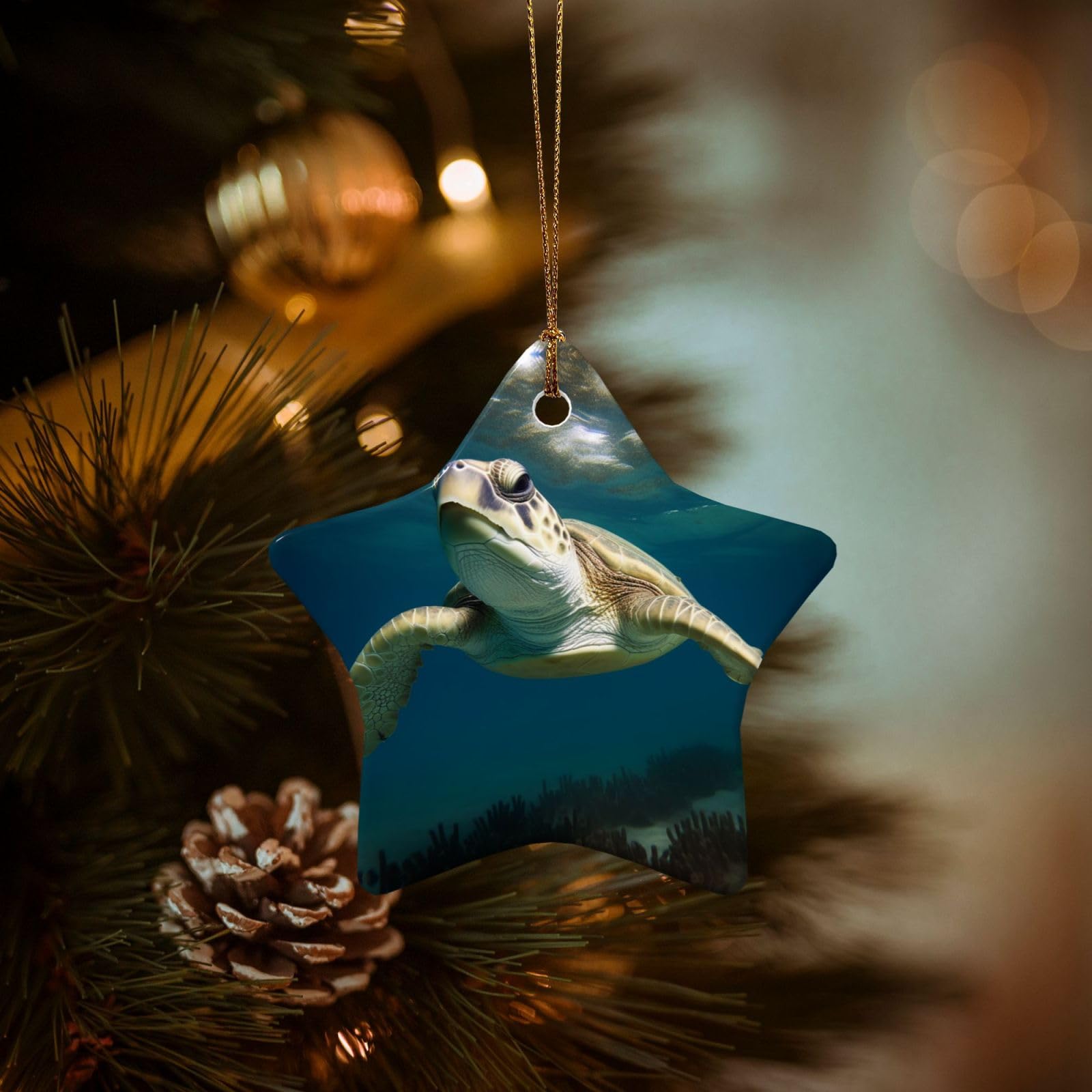 Christmas Ornaments for Christmas Tree Decoration Hanging Underwater Tutrle Ornament with Gold Ribbon Crafts Star Shape Ceramic Pendant for Keepsake Gifts Xmas Decor Party Supplies