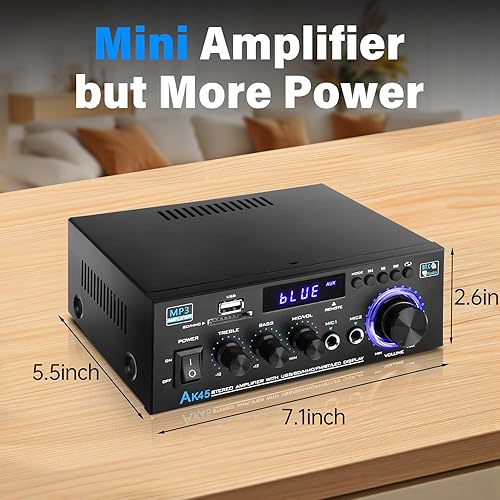 Miniatura 7 de AK45 Amplificador de audio estéreo, 300 W, sistema de amplificador de potencia inalámbrico Bluetooth 5.0 de 2 canales, amplificador de potencia para
