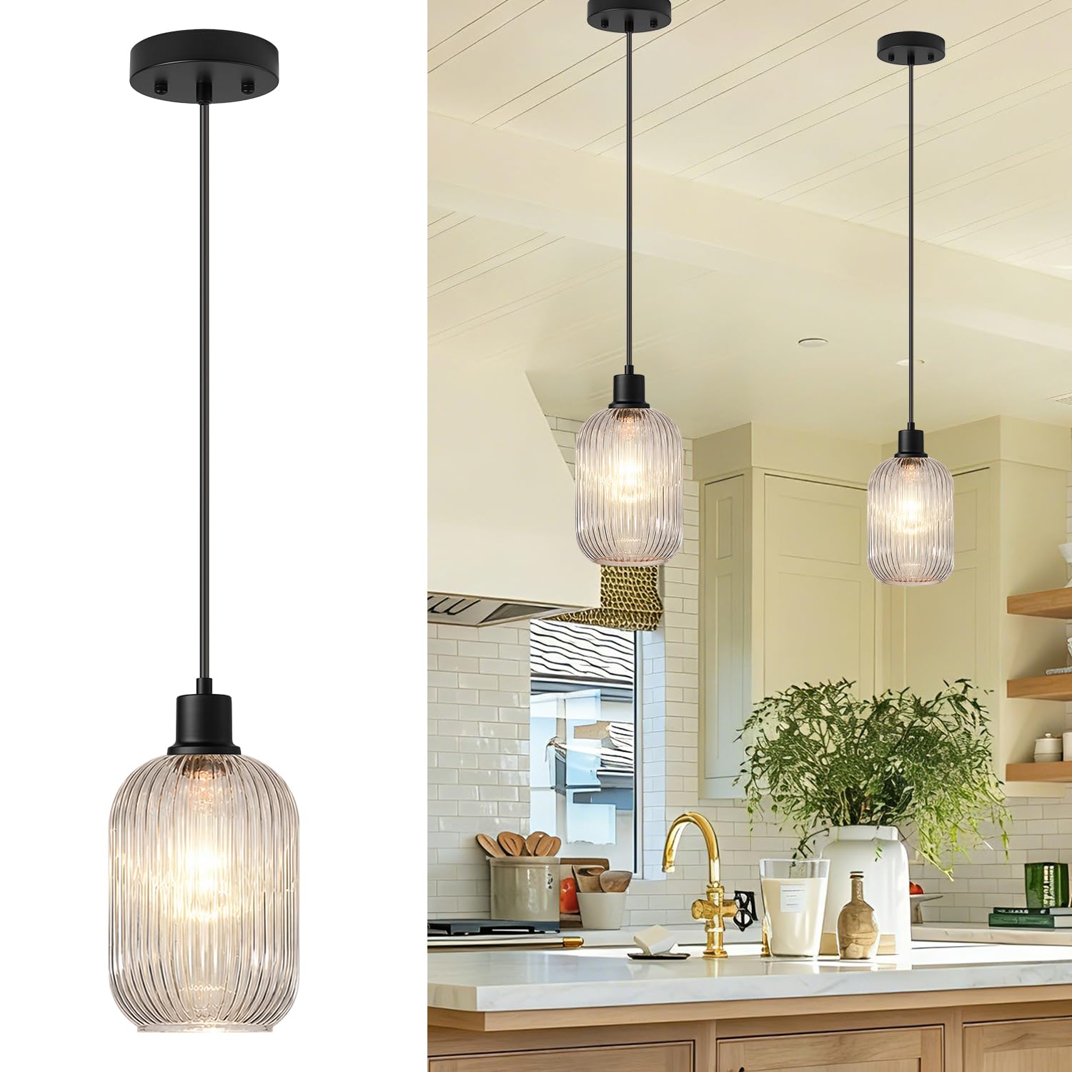 Photo 1 of Lynnoland 2 Pack Pendant Lights with Clear Ribbed Glass