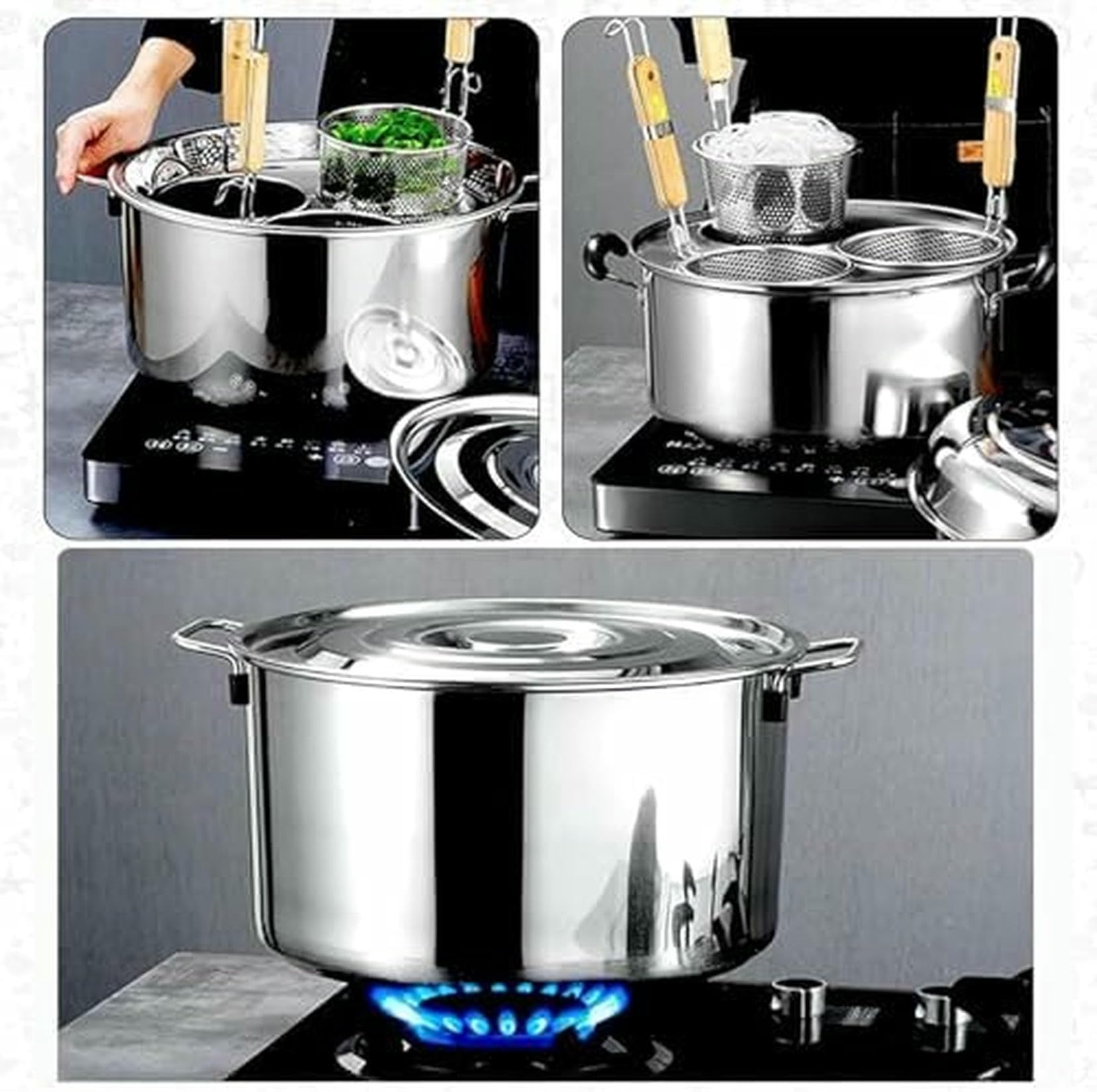Ollas para Pasta, Olla para Pasta con colador, Olla de Acero Inoxidable para cocinar Fideos y Verduras, 4 ollas para Sopa con Tapa (B 3)