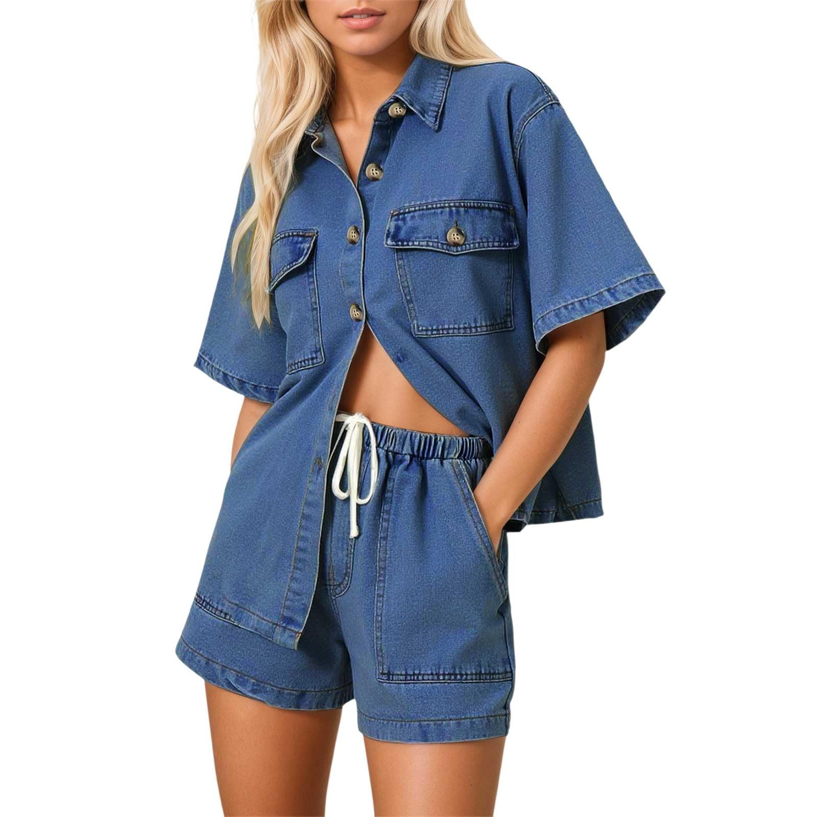 2026 Shorts Set 2-teiliges Outfit für Damen,Casual Loose Pocket Kurzarm Jeansshorts Anzug