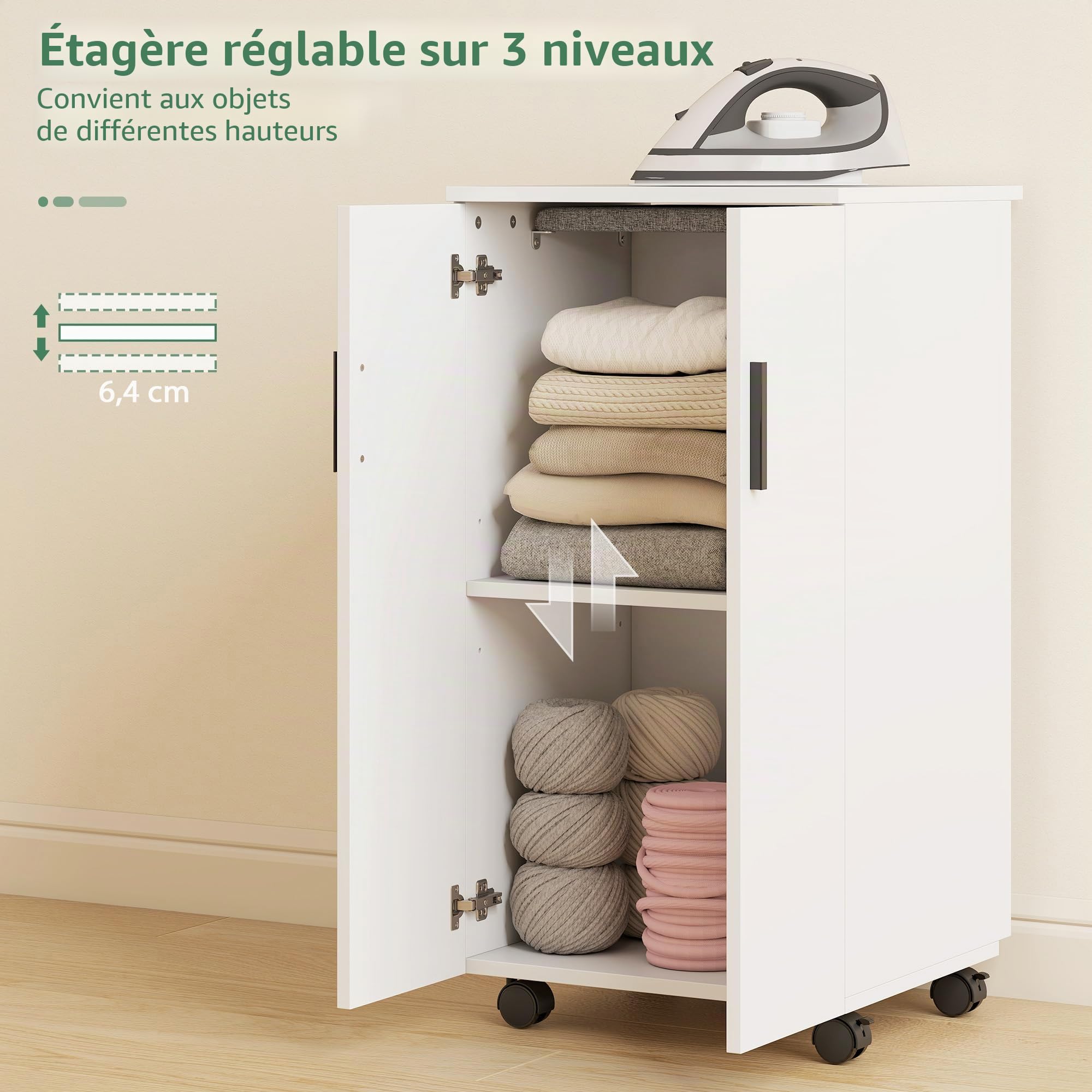 HOMCOM Armoire de table à repasser pliable avec 2 portes 99,5 x 43 x 83 cm Blanc | Étagères réglables, table à repasser pliante, roulettes, rangement, charnières à fermeture douce, pour buanderie