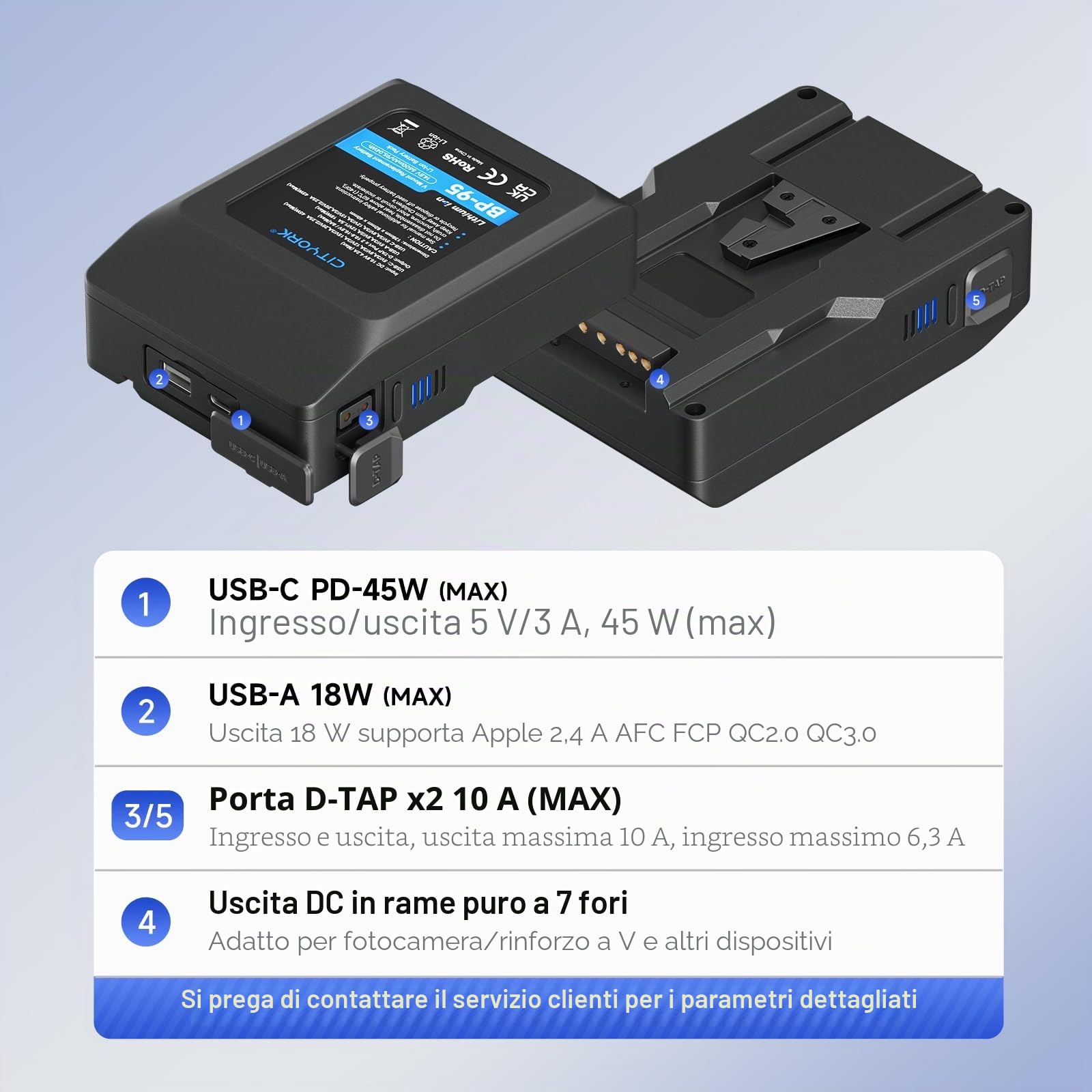 Batteria CITYORK V-Mount 95Wh Per BMPCC 4K/6K | Uscite Dual D-Tap + USB-C PD Per Accessori