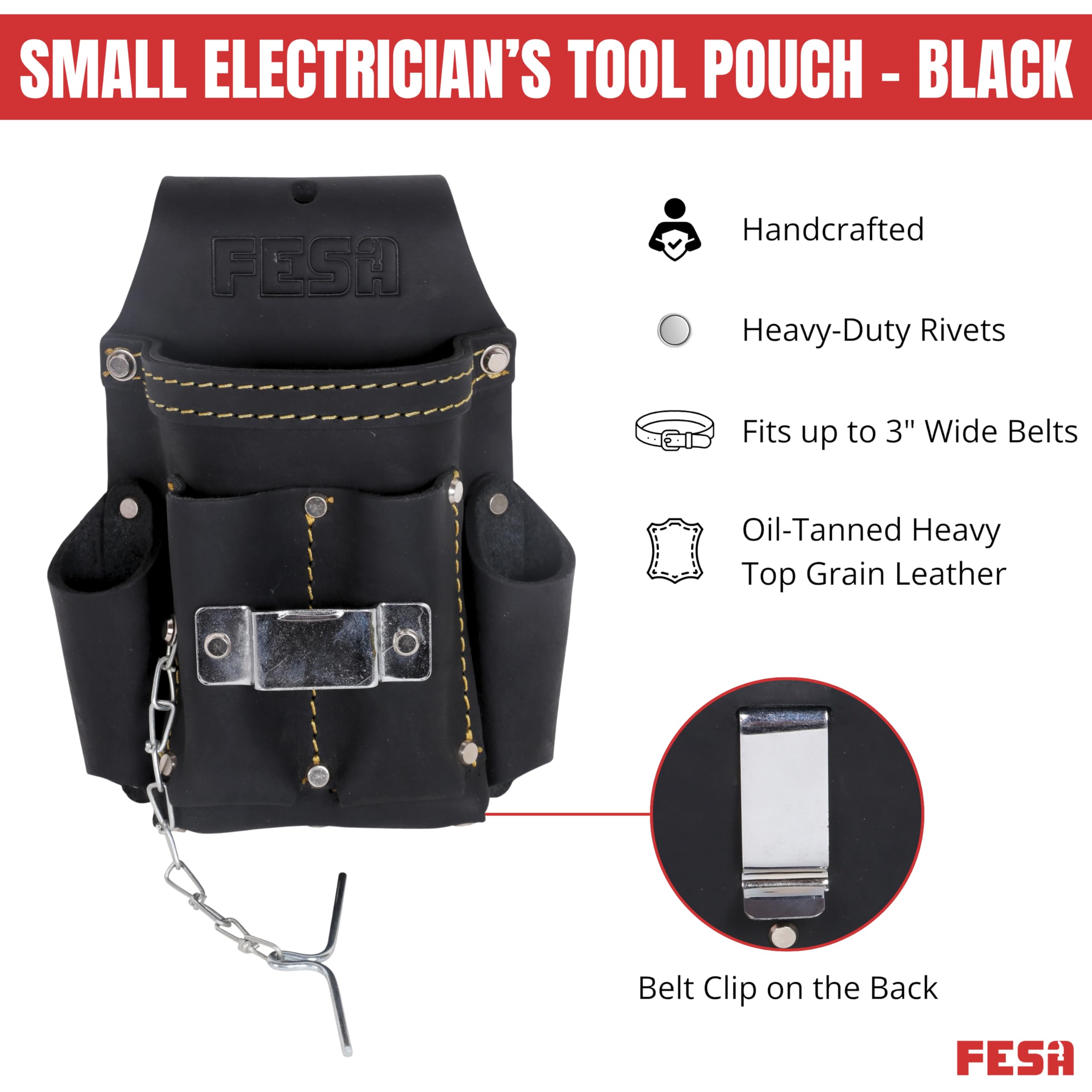 FESA Piccola borsa per attrezzi da elettricista, in pelle, 7 in 1, con metro a nastro in acciaio o clip per trapano, catena a T e 5 tasche, clip su qualsiasi cintura, realizzata a mano