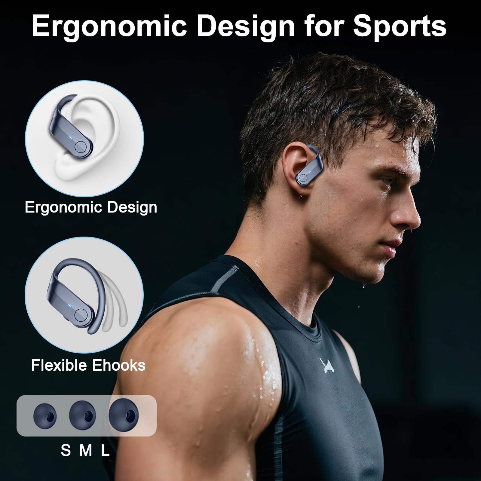 Cuffie Bluetooth sportive, 70 ore, in-ear, Bluetooth 5.4, HiFi stereo bassi profondi, senza fili, con 4 microfoni antirumore, IPX8, impermeabili, con gancio per le orecchie, indicatore LED, Android