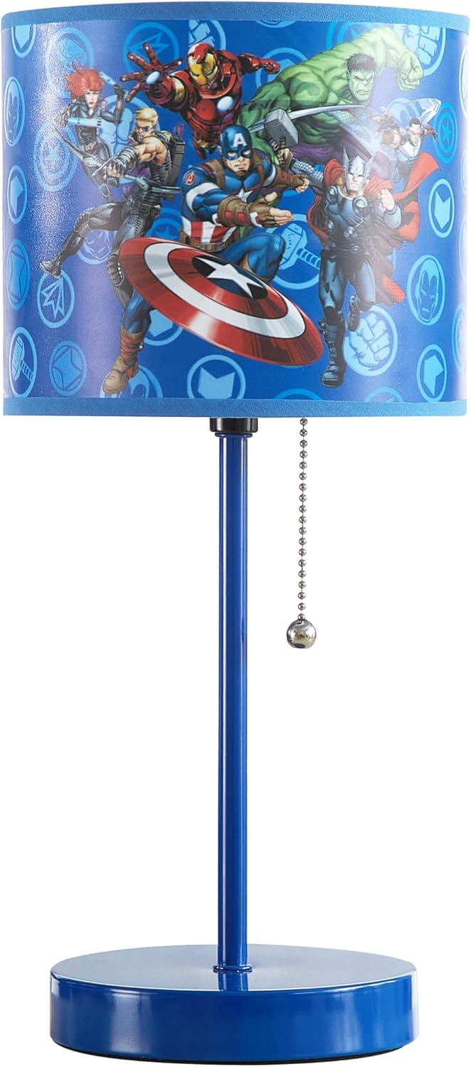 Idea Nuova Table Lamp for Kids,Stick Lamp with Printed Shade & Pull Chain,Bedroom or Nursery Nightstand Lighting,Marvel Avengers