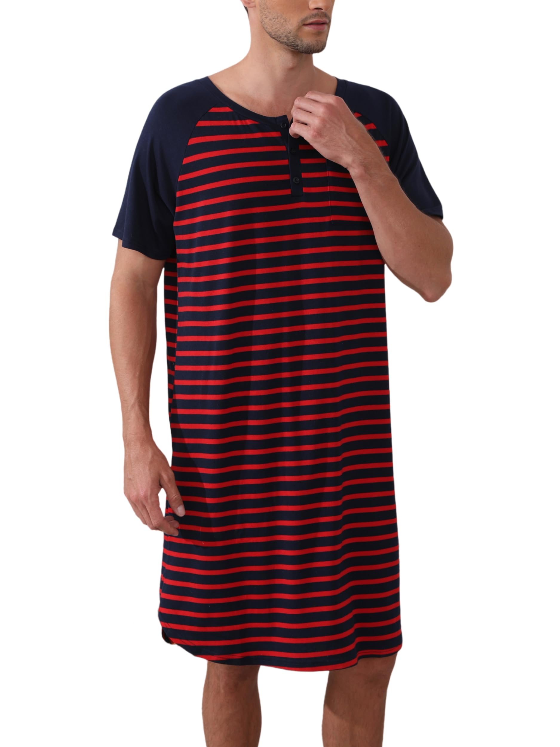 Enjoyoself Herren Nachthemd Kurzarm Baumwolle Langes Schlafshirt Leicht Luftig Pyjamaoberteil Nachtwäsche für Krankenhaus Spa