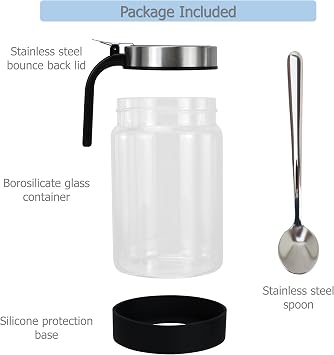 EIKS Clear Glass Condiment Jars with Lids and Spoons for Serving & Storing Seasoning Salt Sugar Spice Pepper, Working in Home Kitchen Coffee Restaurant, Container Capacity 450ml/14.5oz