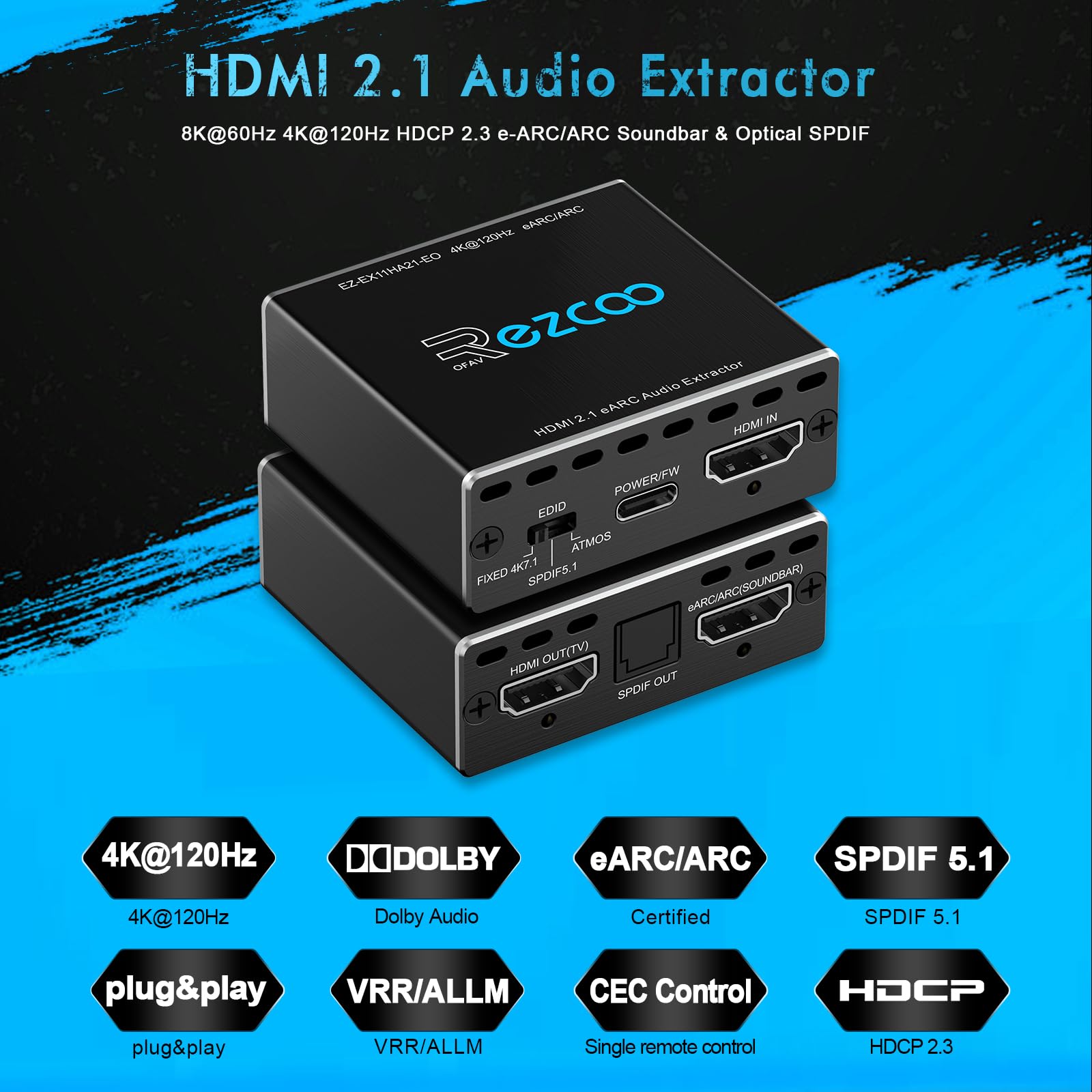 ROFAVEZCO Extracteur Audio HDMI 2.1 eARC 4K@120Hz Dolby Atmos/Vision VRR/ALLM CEC Bypass HDCP2.3 SPDIF Plug & Play pour Soundbars/Sonos ARC/eARC/PS5/Xbox