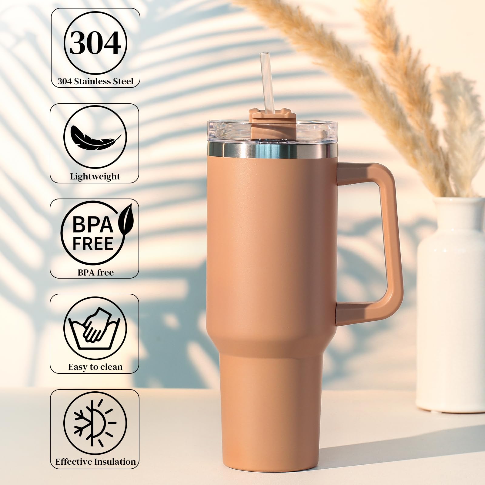 Tuocal 40oz Tumbler with Straw Lid and Handle + 2 Stainless Steel Straws + Silicone Boot - Image 2
