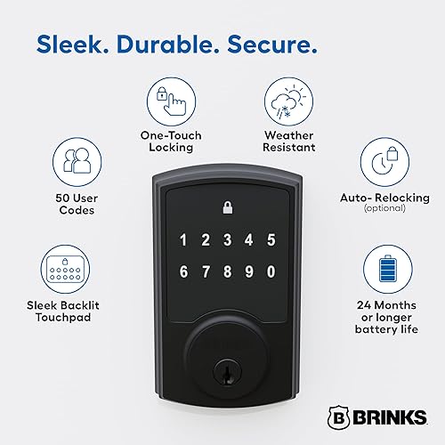 Miniatura 2 de Brinks Cerradura electrónica de puerta con panel táctil sin llave, cerrojo retroiluminado con seguridad avanzada, códigos de usuario personalizados,