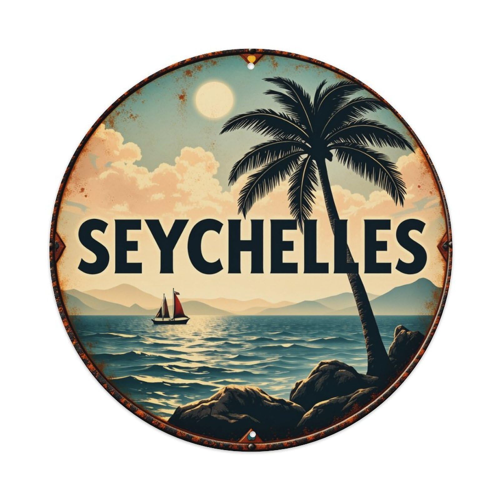 Tropical Island Sunset Sailboat Palm Vintage Round Tin Sign Retro Metal Wall Decor Metal Poster, Home Bar Garage Cafe Wall Art Decoration 8x8Inches