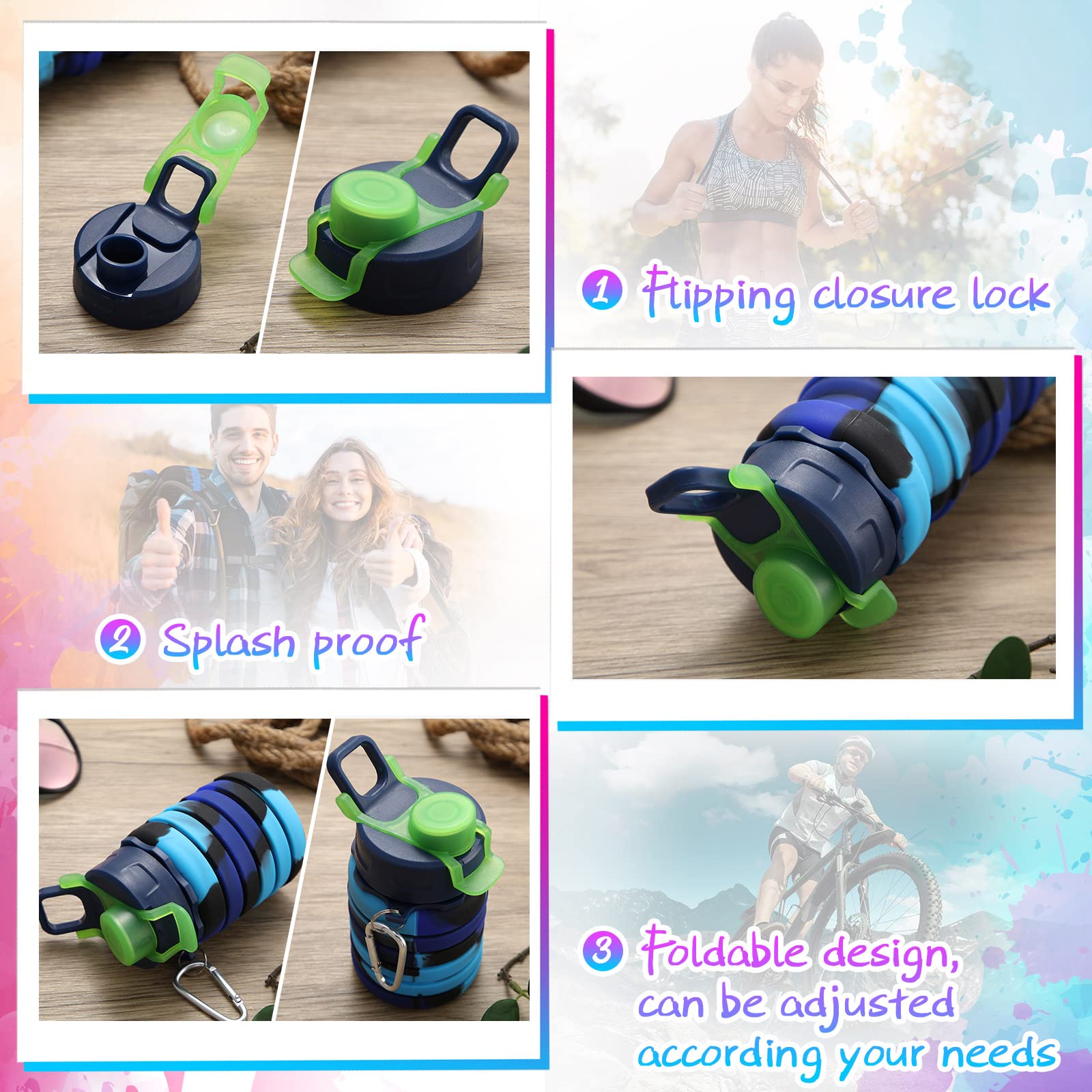 CHENGU Lot de 5 bouteilles d'eau pliables en silicone anti-fuite, réutilisables avec clip en métal pour camping, randonnée, voyage - 473 ml - Colorées