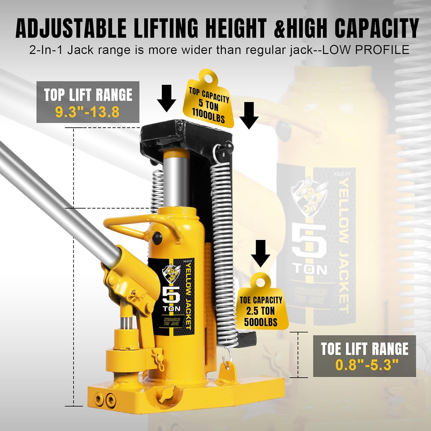 YELLOW JACKET Toe Jack 2.5 Ton Toe/ 5 Ton Top Capacity Hydraulic Machine Jack Lift,Air Hydraulic Claw Jack for Car Repair,Machinery,Industry Equipment