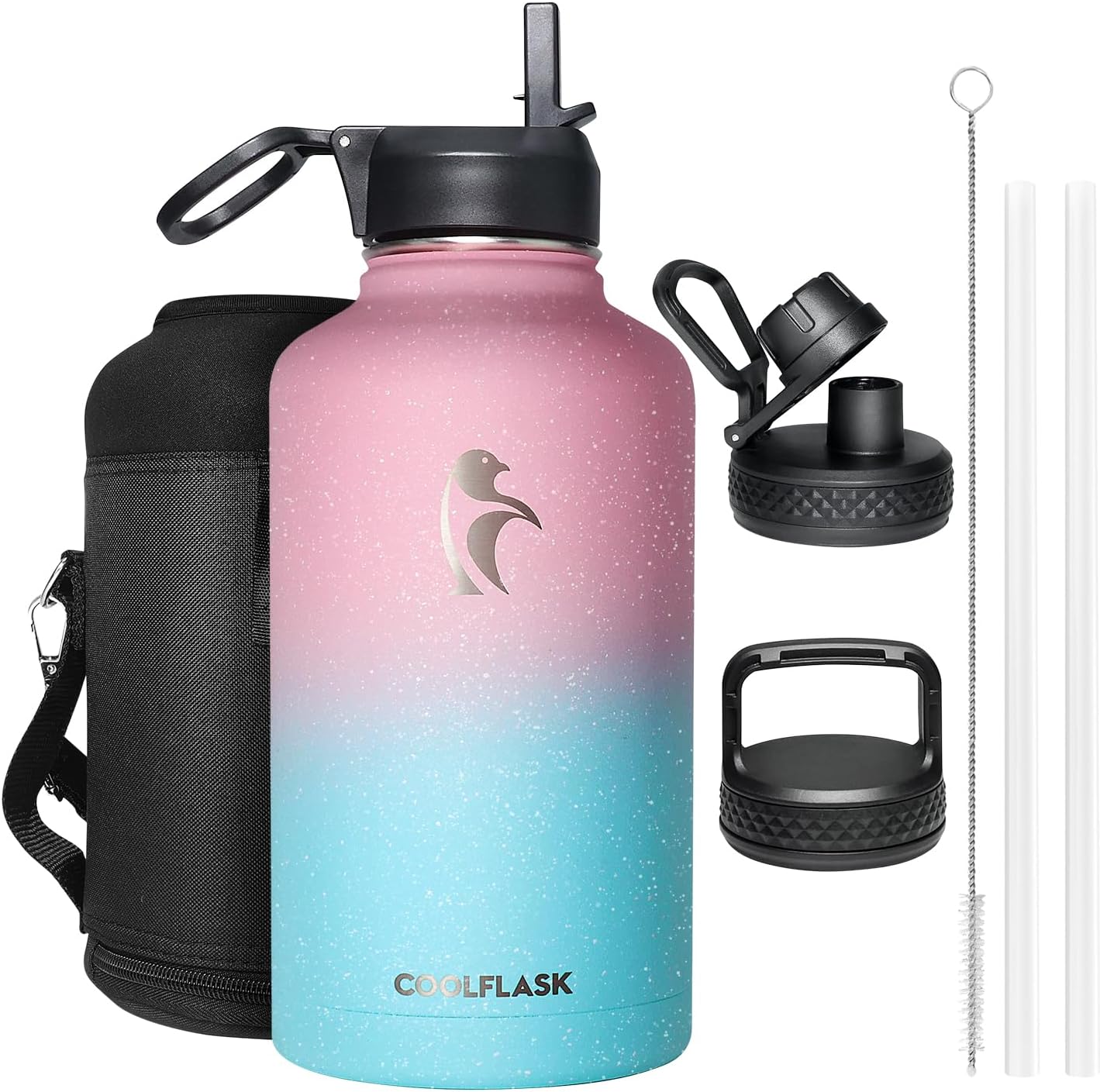 Coolflask Water Bottle Half Gallon Insulated with Straw&3 Lids, 64 oz Galaxy Large Metal Reusable Stainless Steel Vacuum Water Flask Jug Thermo for Gym, Sports and Travel, Blooming Cherry