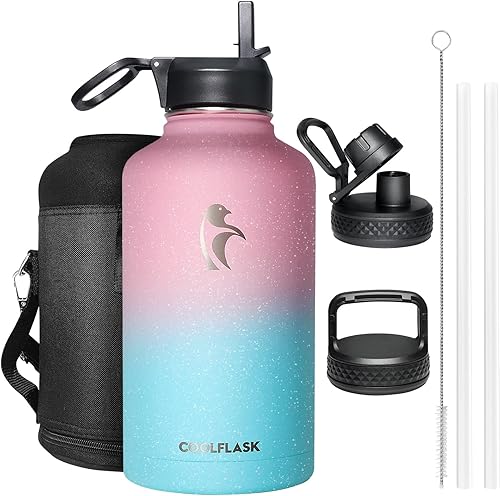 Miniatura 17 de Coolflask - Botella de agua de 64 onzas aislada, con popote y 3 tapas, de acero inoxidable con boca ancha, libre de BPA, mantiene las bebidas frías