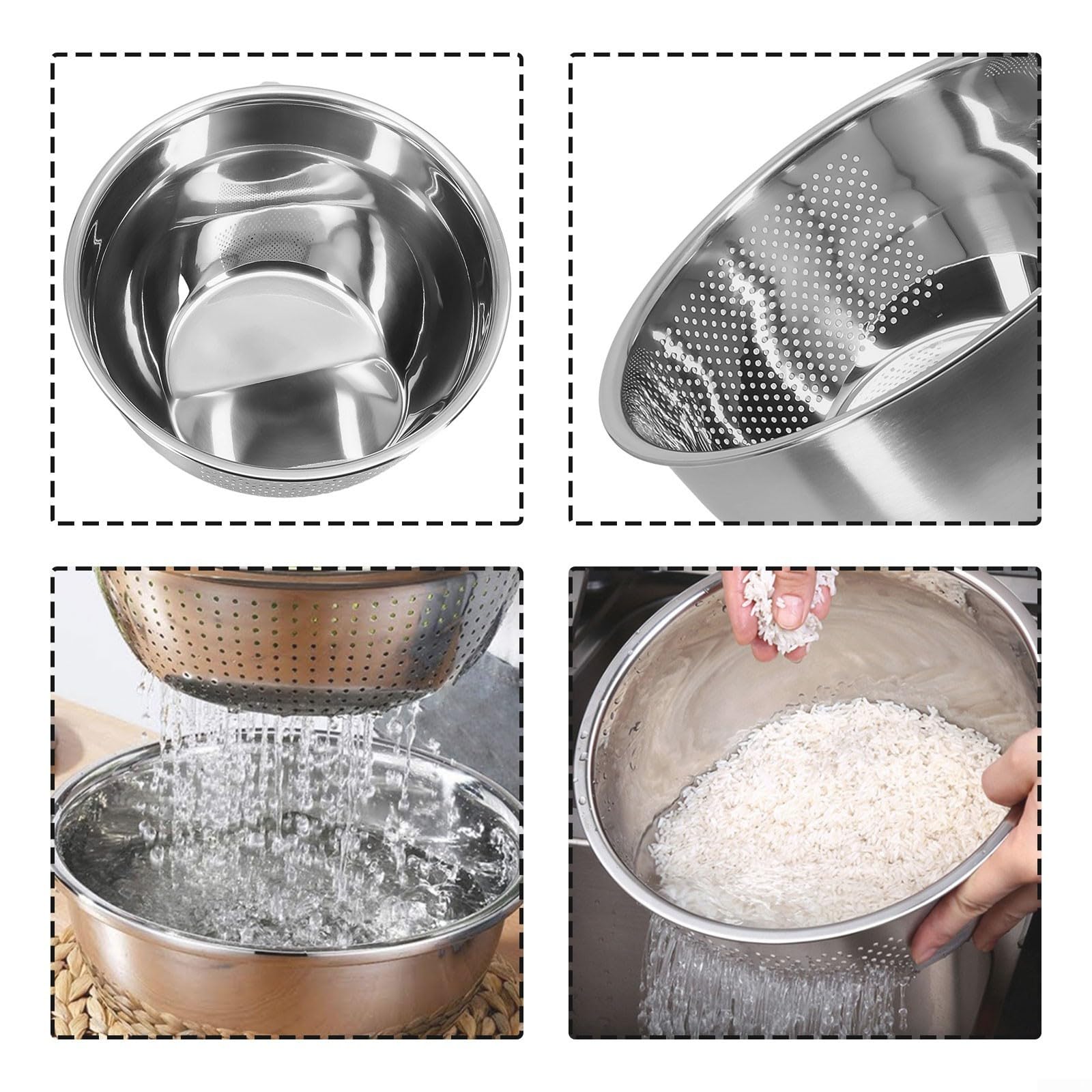 Cuenca Lavadora de Arroz en para acero Inoxidable con Agujeros Laterales - Colador Escurridor para Pasta y Legumbres - Utensilio de Cocina para fácil de Limpiar 22.5x11.5cm(304 material 26 cm)