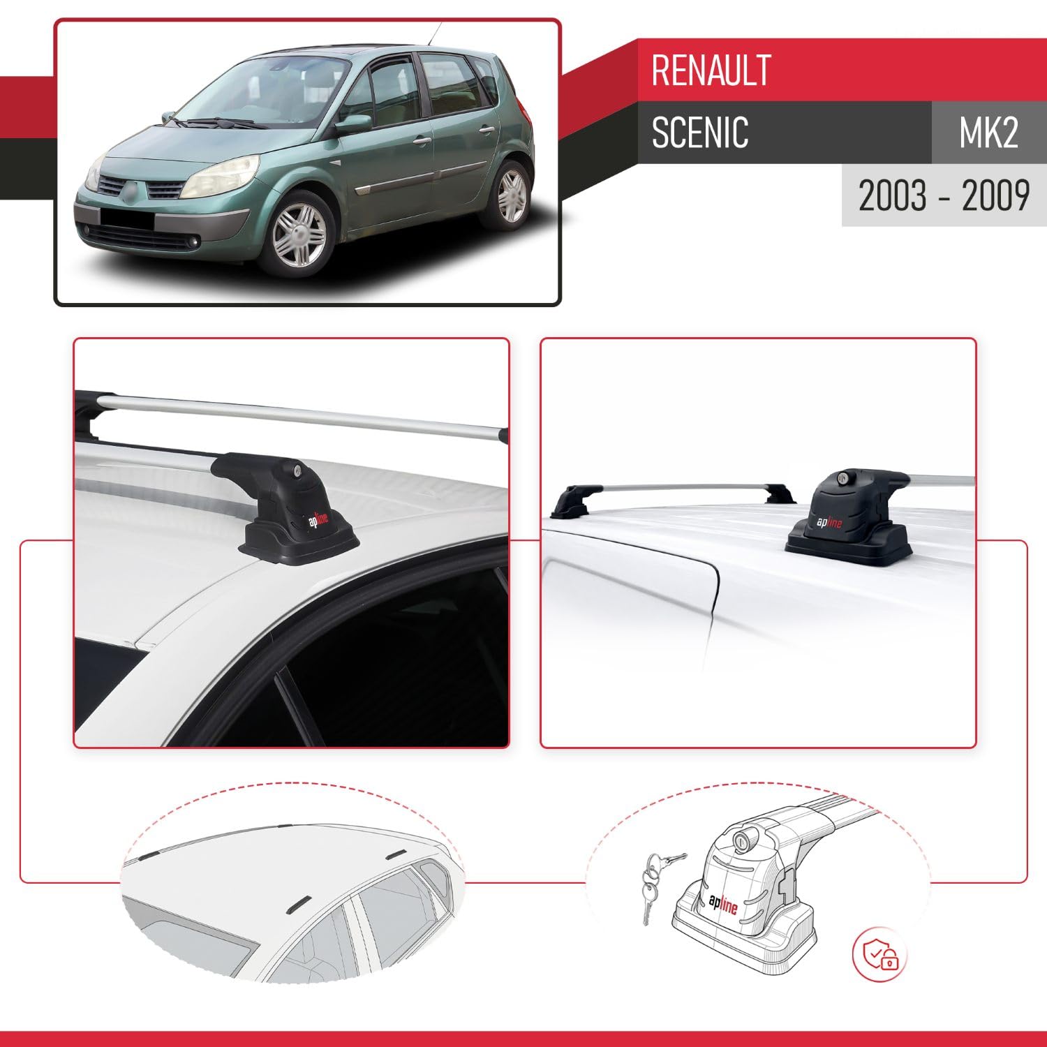 Compatible con Renault Scenic (MK2) 2003-2009 Modelo Ace-3 Barra de Techo Auto Portaequipajes Barras Transversales Gris Aluminio 2 Barras