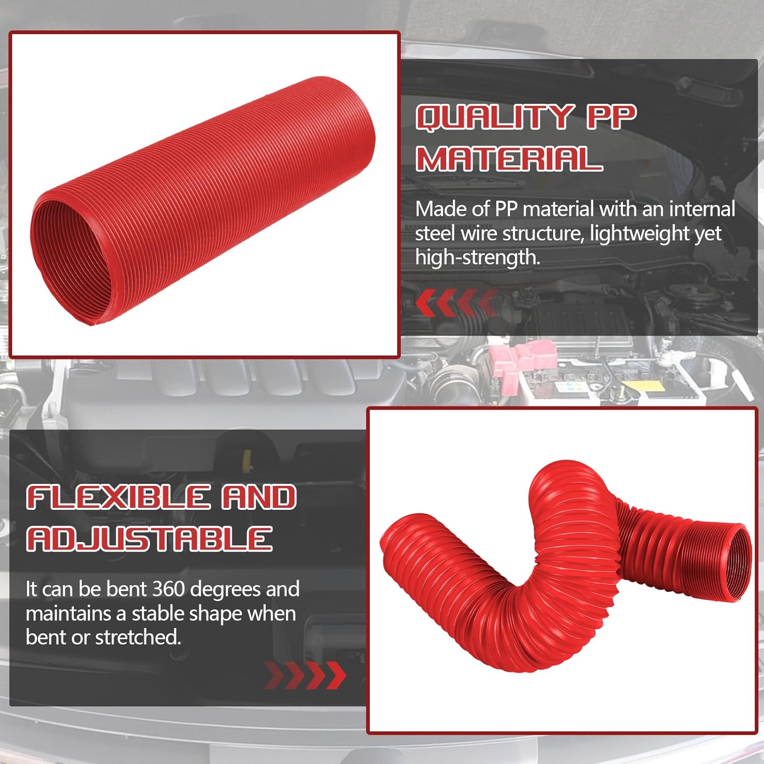 Car Air Intake Hose, ID 76mm/3 Inch Automotive Feed Pipe Replacement, Flexible Car Cold Air Duct Hose, Length Retractable to 39.4 Inch, Adjustable Vehicle Duct Hoses Tube Pipe (Red)