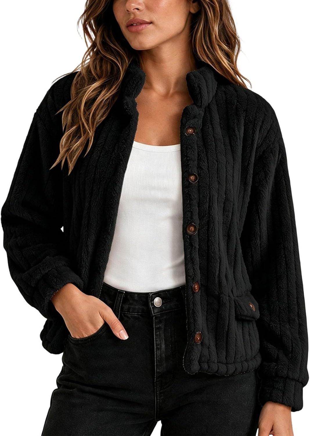 Women's Casual Fleece Jacket Button Front Long Sleeves Short Coat