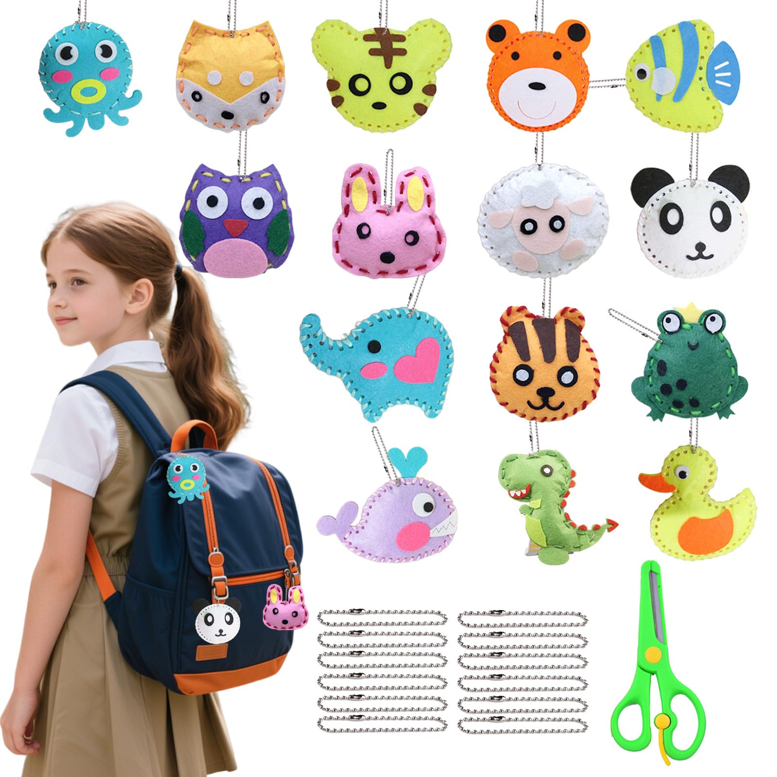 Xerteam 15 Pcs Animal Kids Sewing Kit, Fuzzy Felt Craft Kit, Sewing for Kids with 15 Craft Felts Keychains Animal Shape Template Plastic Needles Thread for DIY Cute Pendant, Tiger Bunny Duck Fox Whale