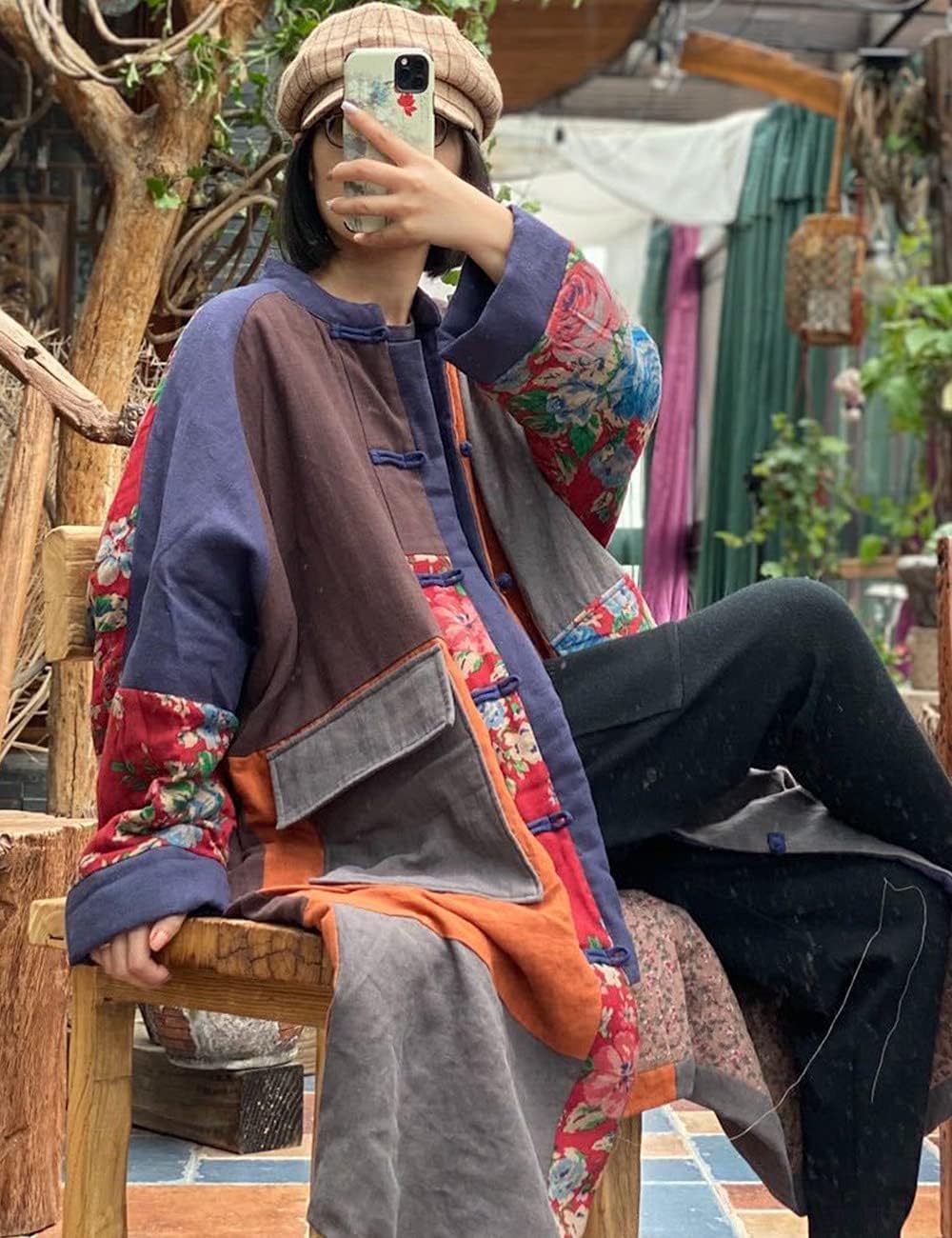 NFYM Women's Trench Coat Floral Print Long Jacket Cotton Linen Vintage Patchwork Outwear Thin Cotton Quilted - Image 6