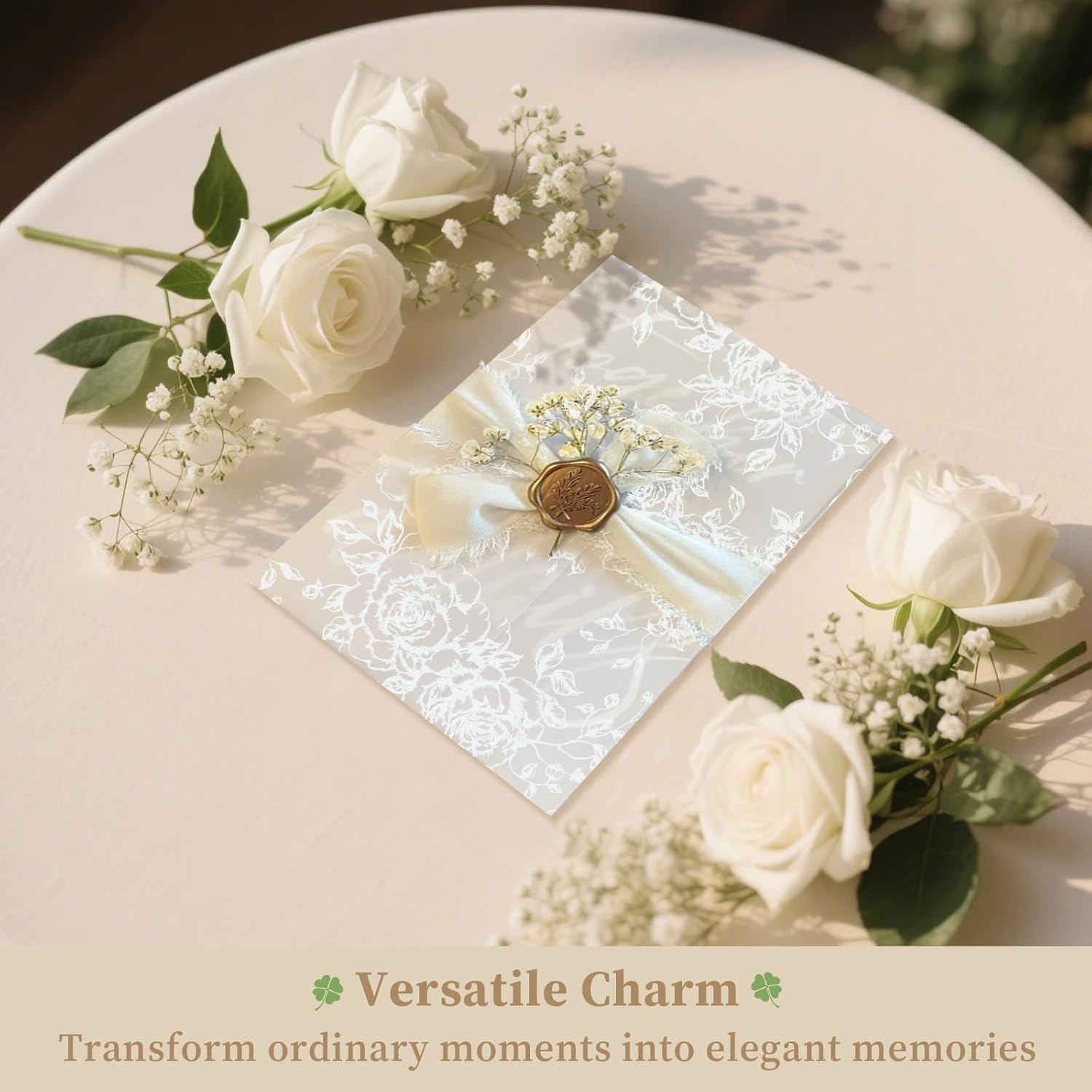 Vellum Jackets for 5x7 Envelopes for Invitations Wedding Envelopes Vellum Paper Kit Sleeves Pre-Folded Floral Wraps Jacket Wildflower for Craft (White Rose, 100)