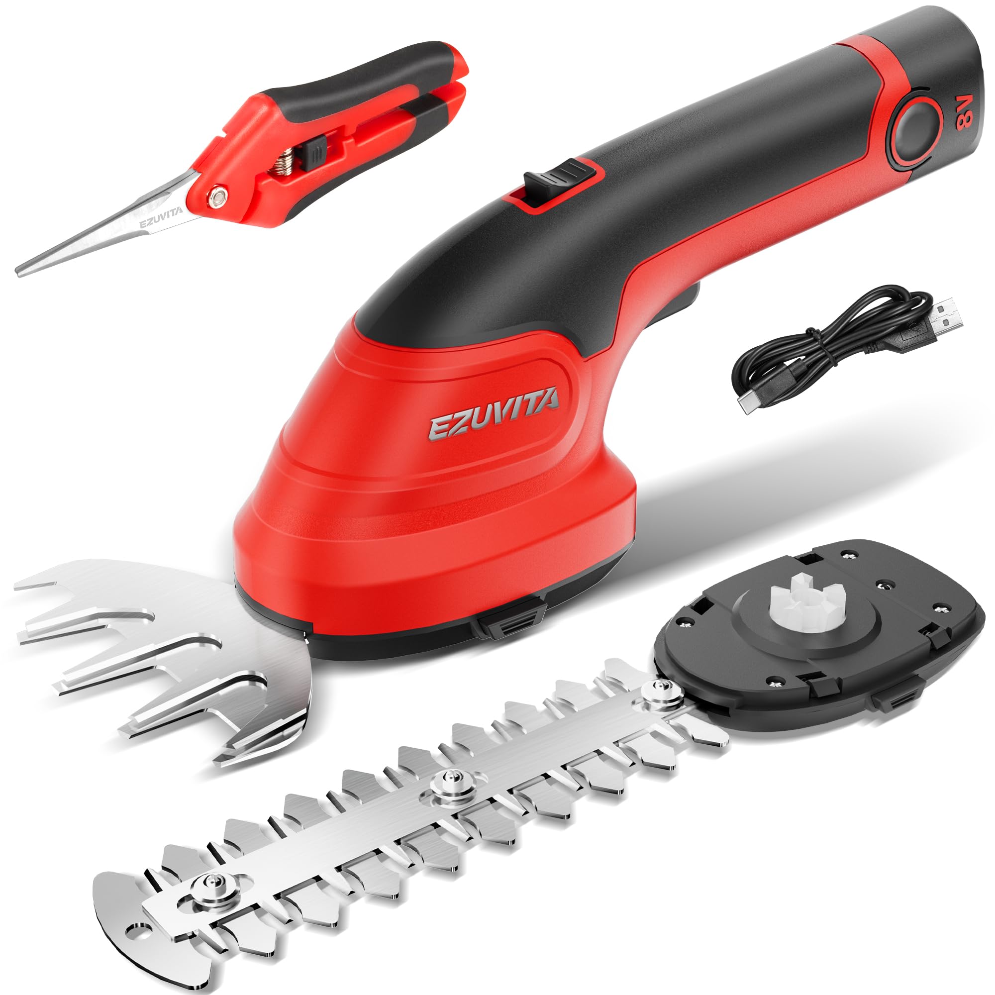 EZUVITA 2-in-1 Cordless Hedge Trimmer&Grass Shear, 8V Hand Held Hedge Trimmer with 2000mAh Removable Battery, Hedge Cutter with 2 Interchangeable Blades for Bushes, Branches, Shrubs, Lawn Edging (Red)